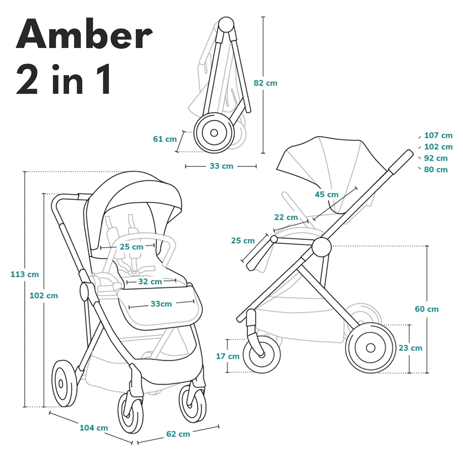 LIONELO Amber Kinderwagen 2 in 1 Kombikinderwagen, Kinderwagen Set mit sportlichen Sitz und fester Babywanne, Tasche, Moskitonetz, Abdeckung Regenblatt (Graphit)