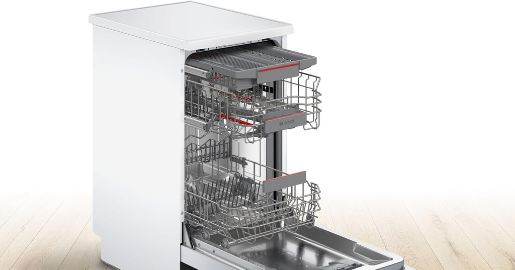 Bosch SPV2IKX10E Serie 2 Lavastoviglie smart a scomparsa totale, larghezza 45 cm, Cestello posate, Extra Asciugatura con la pressione di un pulsante, InfoLight punto luce rosso sul pavimento, AquaStop protezione dai danni causati dall'acqua, Bianco