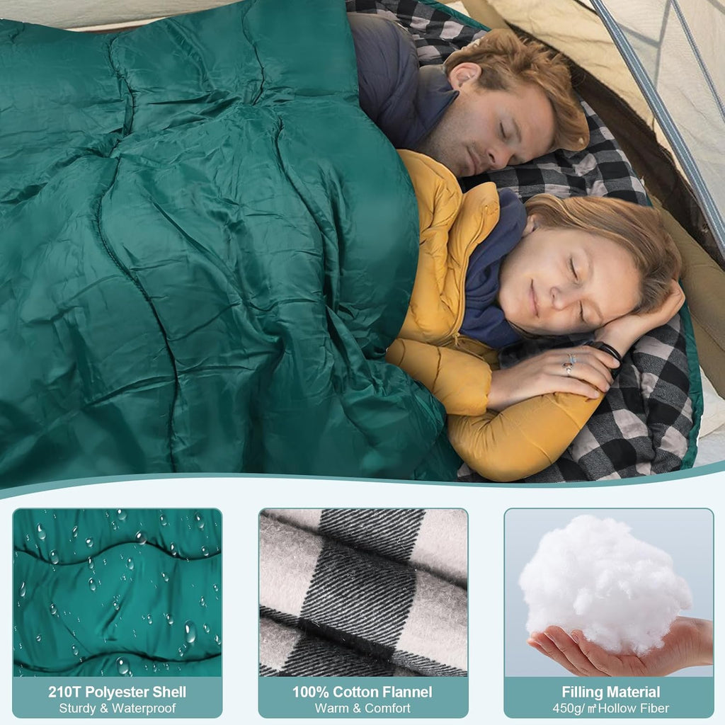 FORINBUY Sacco a pelo doppio in flanella invernale per adulti – Sacco a pelo da esterno caldo, impermeabile, per 2 persone, formato Queen Size – Ideale per famiglie, campeggio e viaggi in camper