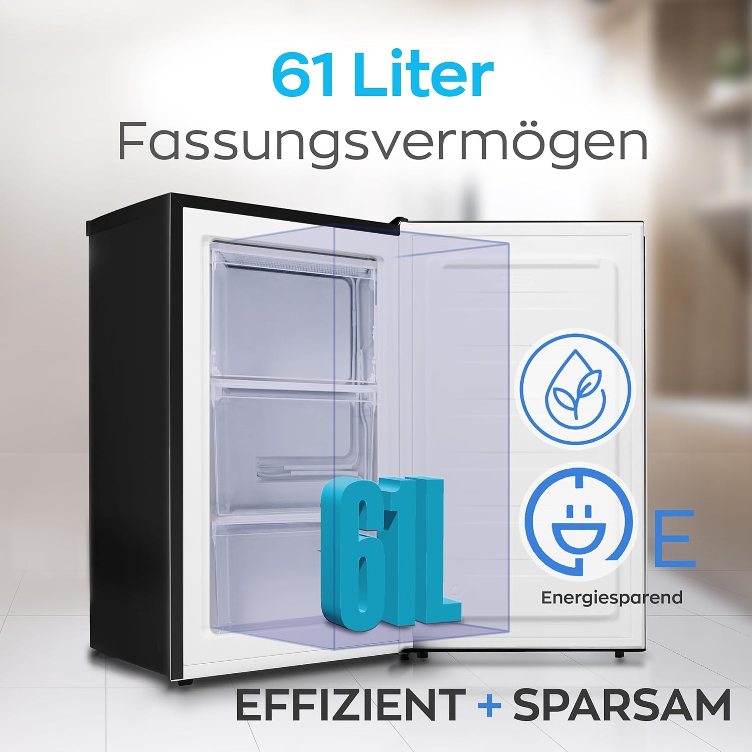 Congelatore Heinrich 61 litri -18°C, 3 cassetti congelatore, regolatore temperatura a 7 livelli, Airflow, porta reversibile, bianco