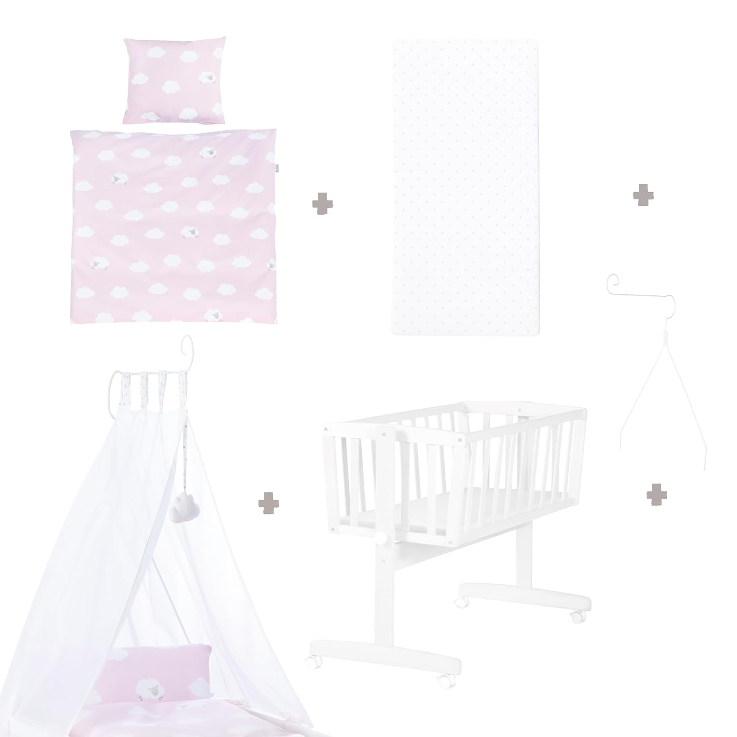 roba Babywiege 40 x 90 cm Adam & Eule - Stubenwagen & Wiege mit Rollen - Bett Set komplett mit Feststellfunktion - Inkl. textiler Ausstattung - Holz weiß