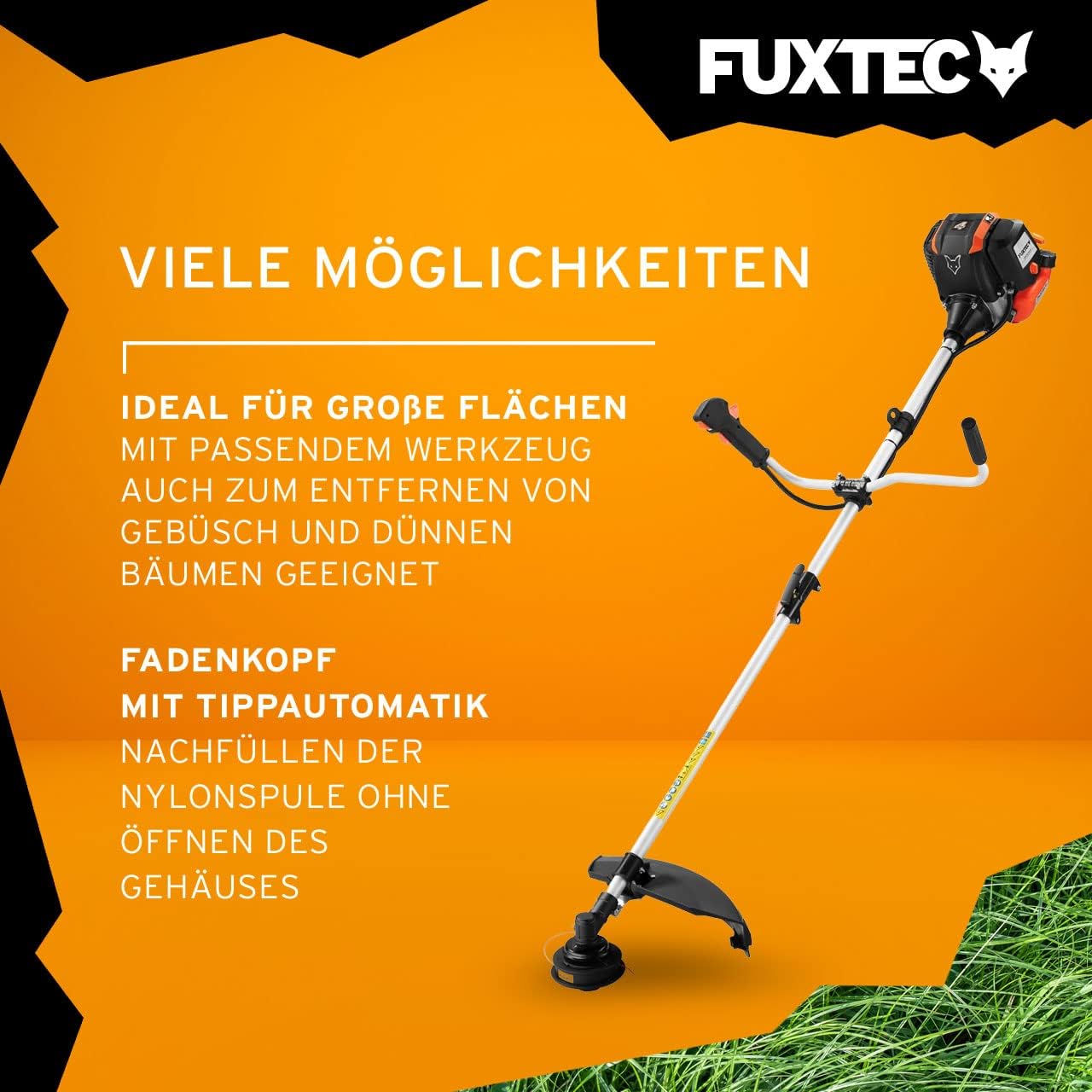 FUXTEC Decespugliatore a benzina FX-4MS142, tagliaerba con motore a 4 tempi, raggio di taglio 320 mm, regolatore di velocità ed Easy-Starter, incl. bobina di filo/cinghia di trasporto professionale