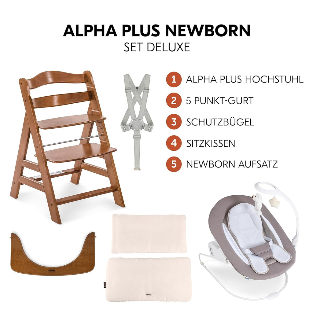 hauck Alpha Plus Newborn Set Deluxe - Seggiolone Pappa Legno da Nascita con Funzione Sdraietta - include Sdraietta per Neonato & Cuscino - Evolutivo, Regolabile - Dark Grey