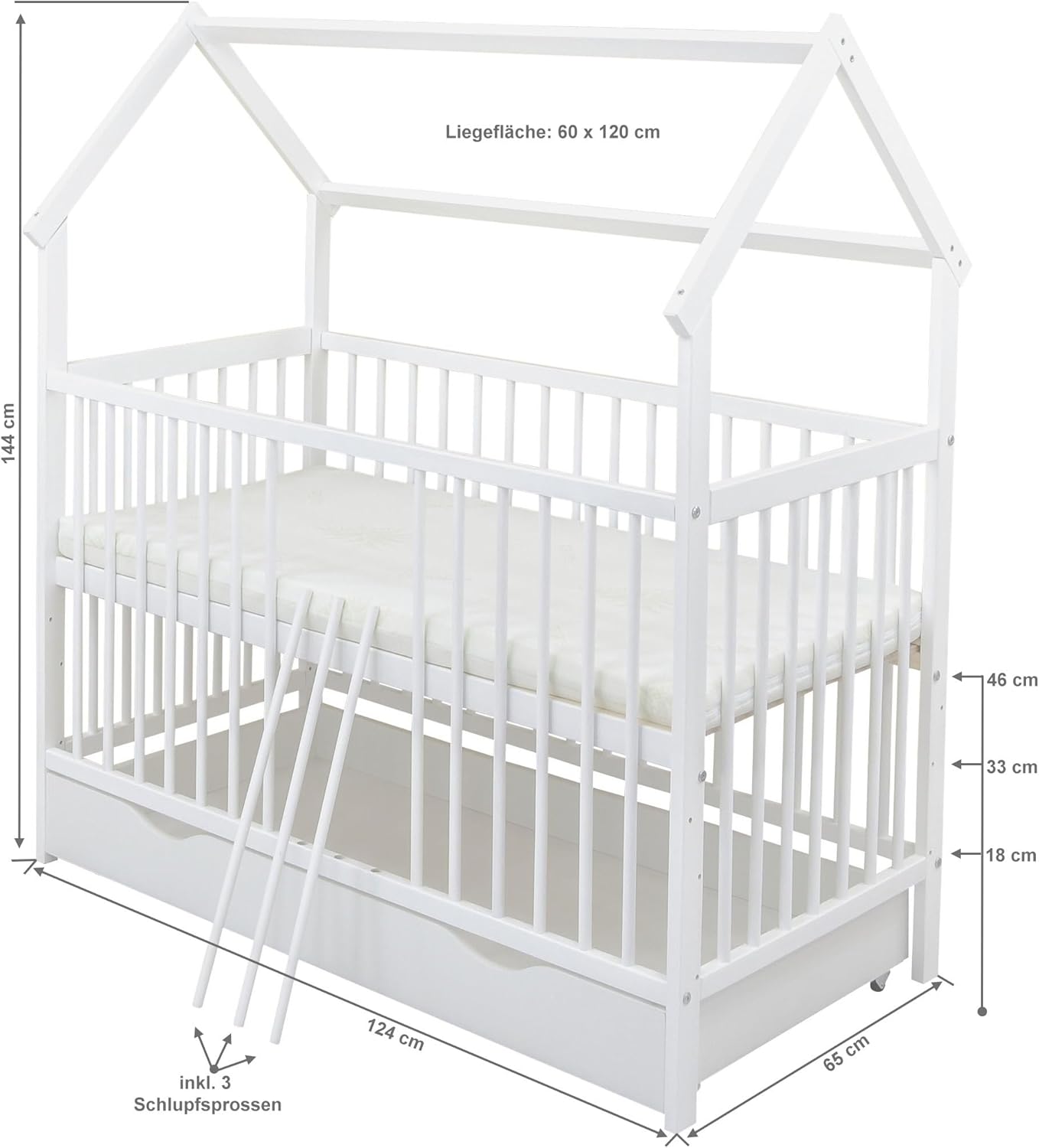 Baby Delux Lettino per Bambini Set Completo Casetta 60x120 cm Bianco con Cassetto Sponda Paracolpi Materasso Biancheria da Letto Set Decorativo (Stelle del Principe)