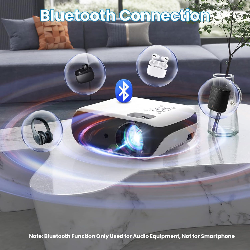 Beamer, Mini Beamer 4K Bluetooth 5.1 Tragbar Heimkino Multimedia Projector 10000Lux Mit 100'' Bildschirm, Kompatibel mit HDMI USB AV, phones,Laptops,TV Stick,PS5