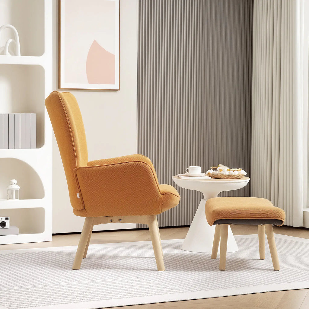 HOMCOM Poltrona Relax con Poggiapiedi, Set Poltrona Bergère in Legno di Faggio Effetto Velluto a Coste Marrone