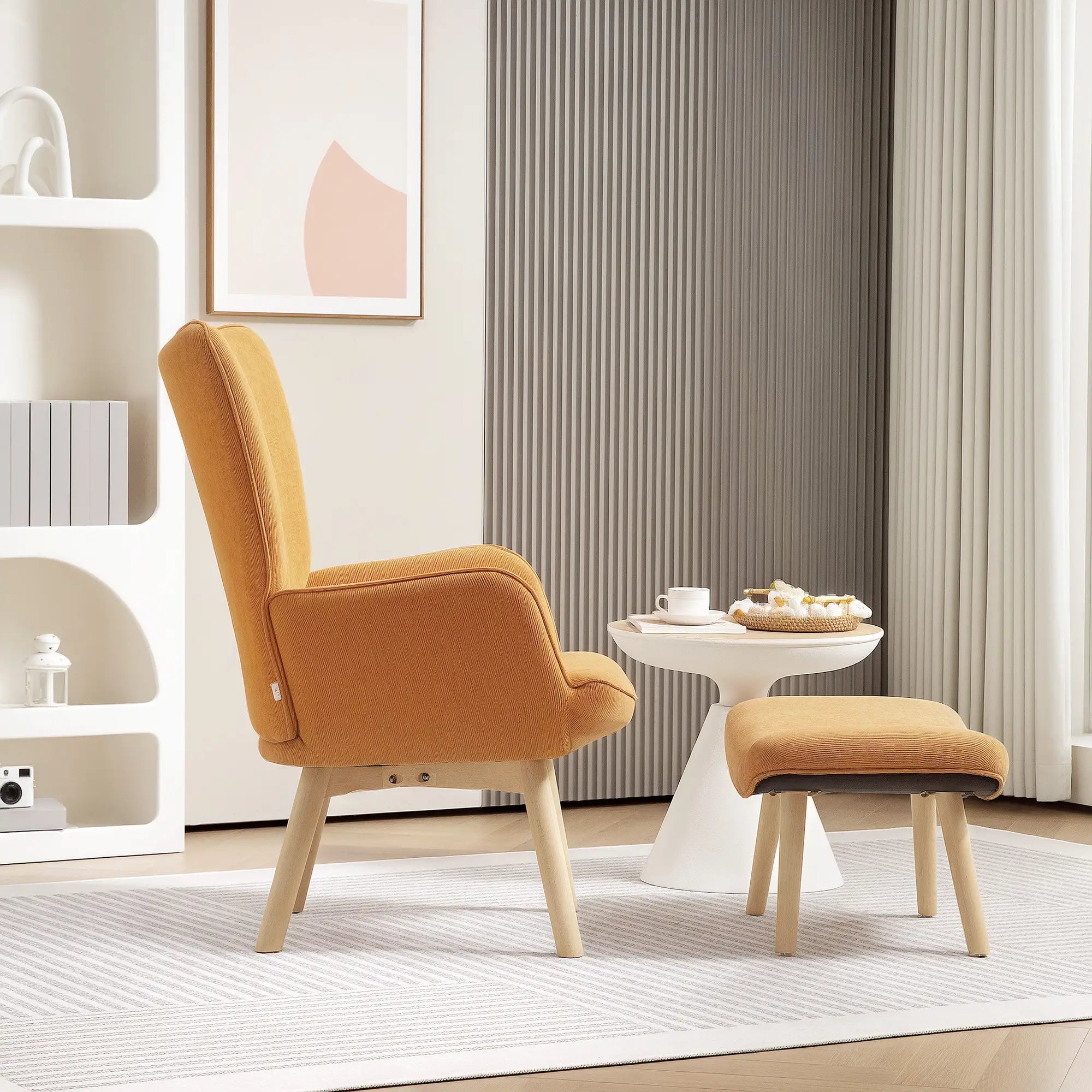 HOMCOM Poltrona Relax con Poggiapiedi, Set Poltrona Bergère in Legno di Faggio Effetto Velluto a Coste Marrone