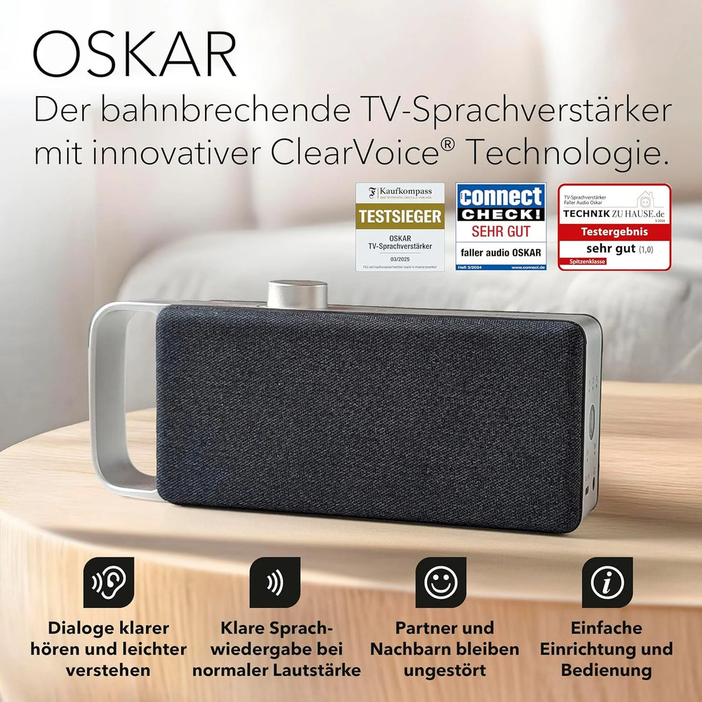 faller Oskar altoparlante/soundbar TV con Clear Voice (portatile, senza fili, facile da usare, corpo in alluminio)