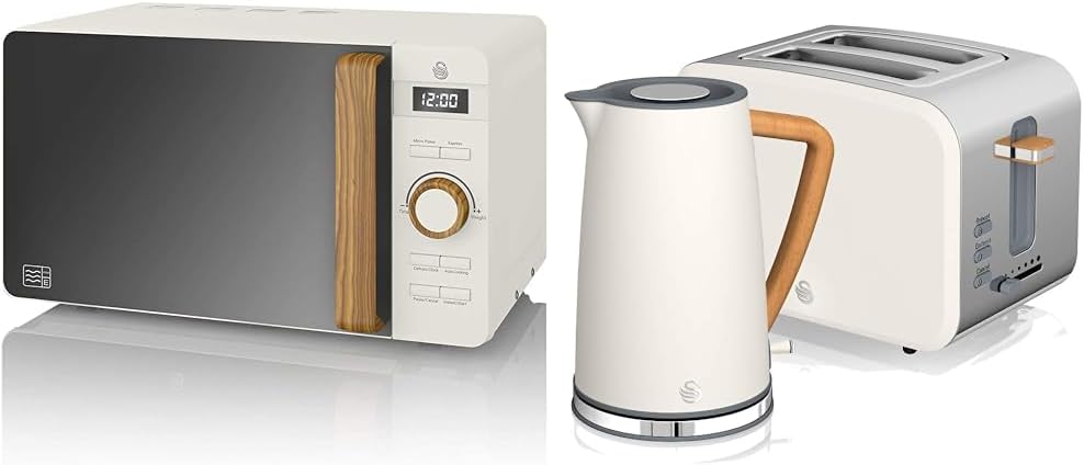 Forno a microonde digitale Swan Nordic da 20 L, 6 livelli di potenza, 800 W, timer da 30 minuti, facile da pulire, modalità scongelamento, design moderno, maniglia effetto legno, bianco opaco