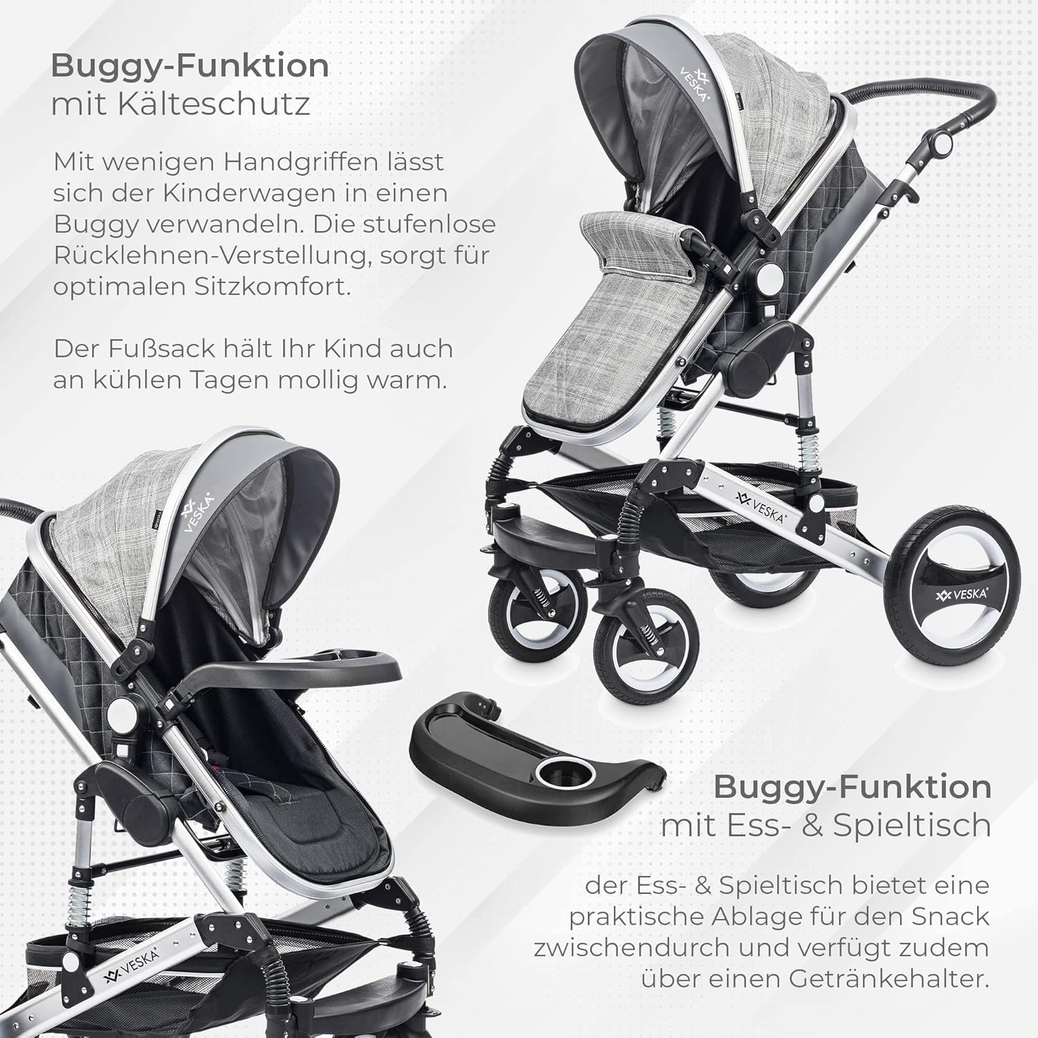 3 in 1 Kombi-Kinderwagen inkl. Babyschale, Buggy, Jogger mit Wickeltasche, Moskitonetz, Regencover, Spieltisch, Autoschale Fußsack, QuickFold, Aluminiumrahmen (Silber - anthrazit/grau)