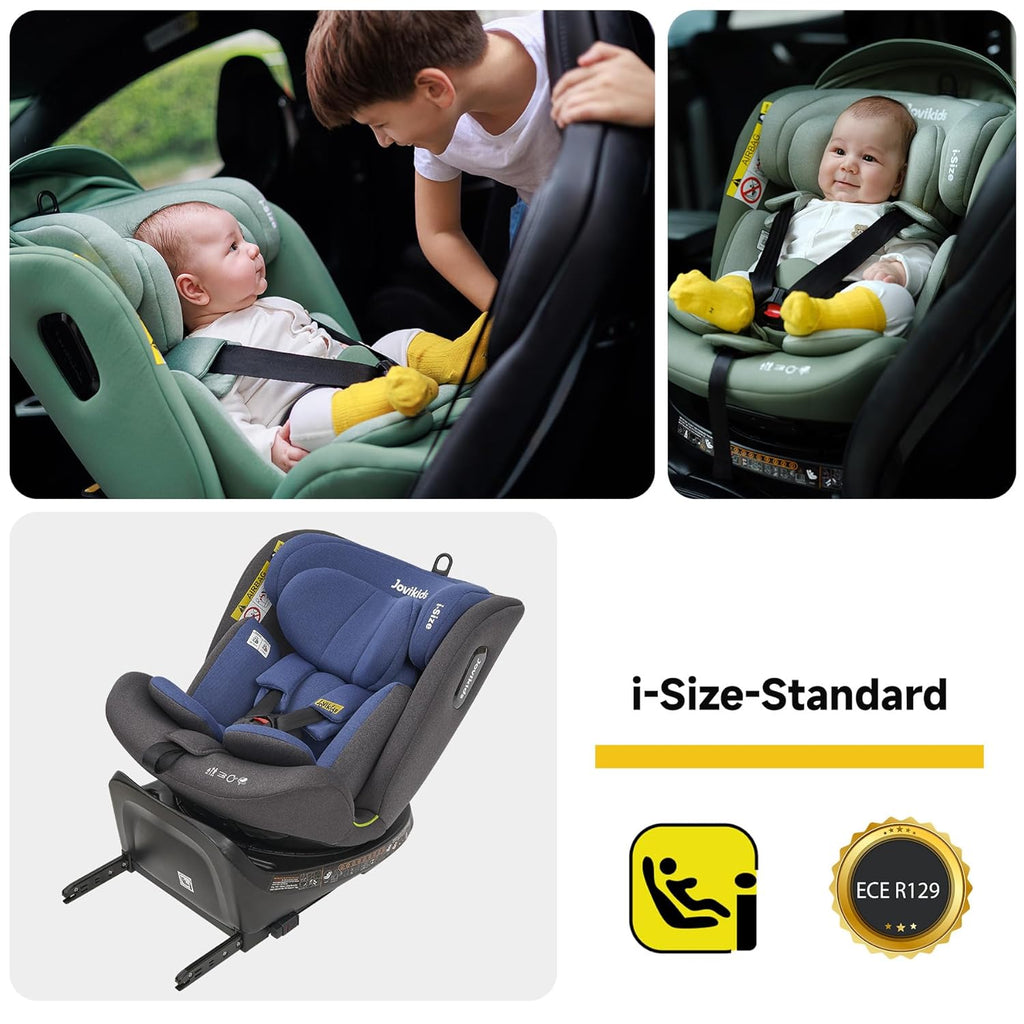 Jovikids 360° Drehbar Kindersitz mit ISOFIX, i-Size 40-150cm(ab Geburt -12 Jahre) Baby Autositz Reboarder mit Liegefunktion & Abnehmbar Vordach, ECE R129 (blau)