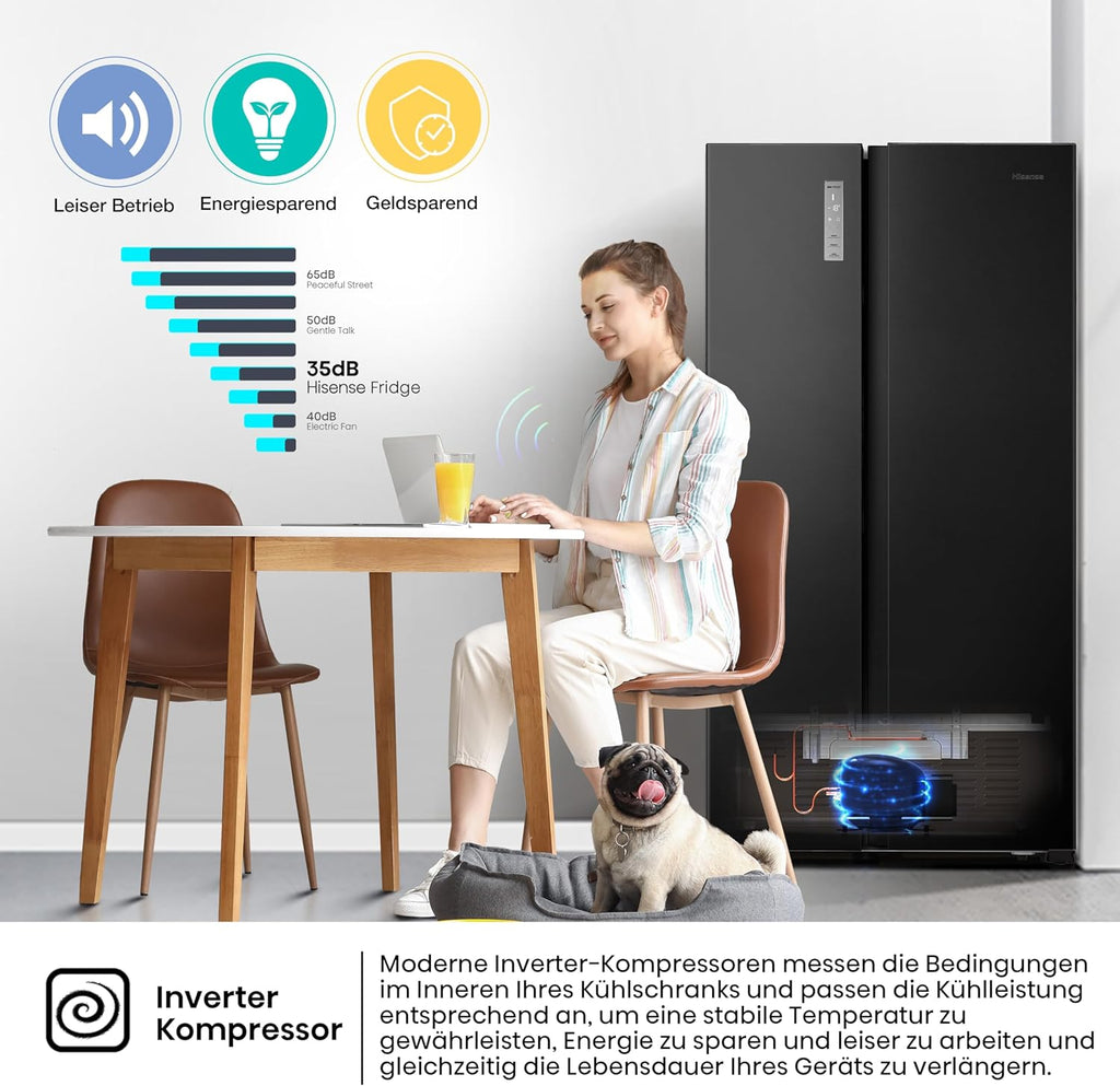 Hisense RS677N4BFD Frigorifero Americano Side by Side / Compressore Inverter / Porta Bottiglie / 2 FreshZone / Vano Verdure / Capacità Frigo 334 L / Capacità Congelatore 185 L / 41 dB / 247 kWh all'anno, Nero