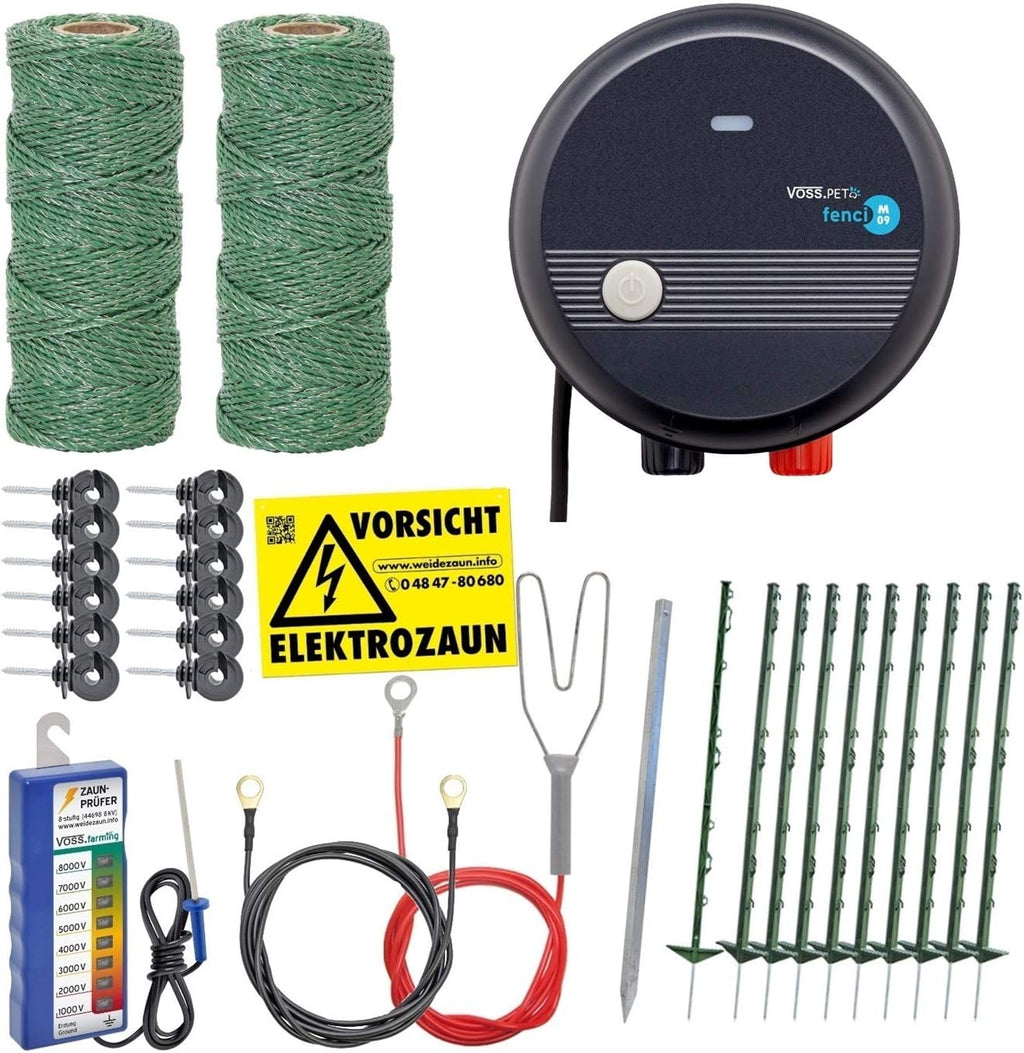 Kit completo recinzione per cani 100m elettrificata, ideale per recintare il vostro giardino, con numerosi accessori, pronta all'uso con 300m di filo per recinzione elettrica verde e tester per recinzione, 20 paletti verdi da 105cm