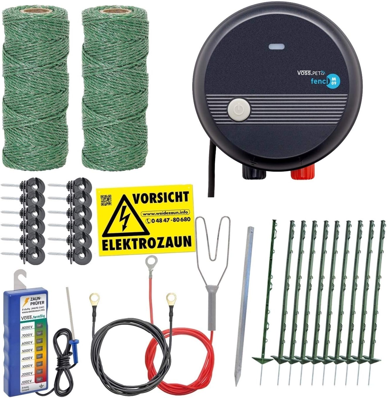 Kit completo recinzione per cani 100m elettrificata, ideale per recintare il vostro giardino, con numerosi accessori, pronta all'uso con 300m di filo per recinzione elettrica verde e tester per recinzione, 20 paletti verdi da 105cm