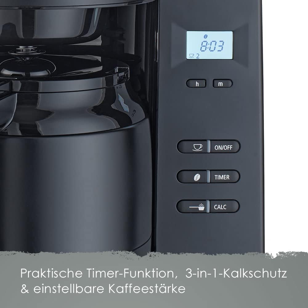 Melitta AromaFresh - Macchina da caffè con filtro - con caraffa in vetro - macinacaffè integrato - funzione timer - 10 tazze - Pure Black