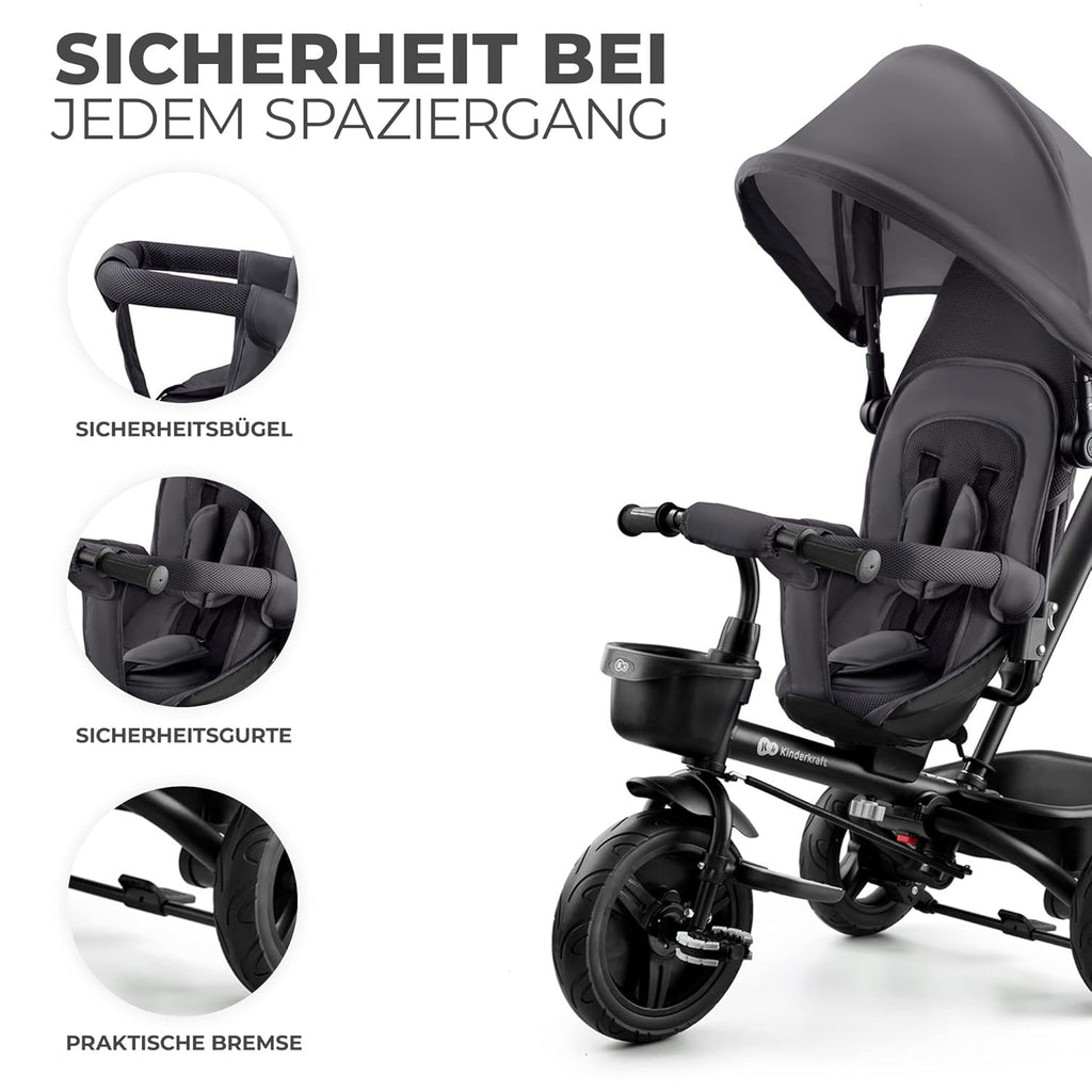 Kinderkraft AVEO Dreirad ab 9 Monate bis 25 kg, Kinderdreirad mit schubstange, Kompakte zusammenklappen, drehbarer Sitz, ausklappbarem Verdeck mit sonnenschutz, Getränkehalter korb im set, Rosa