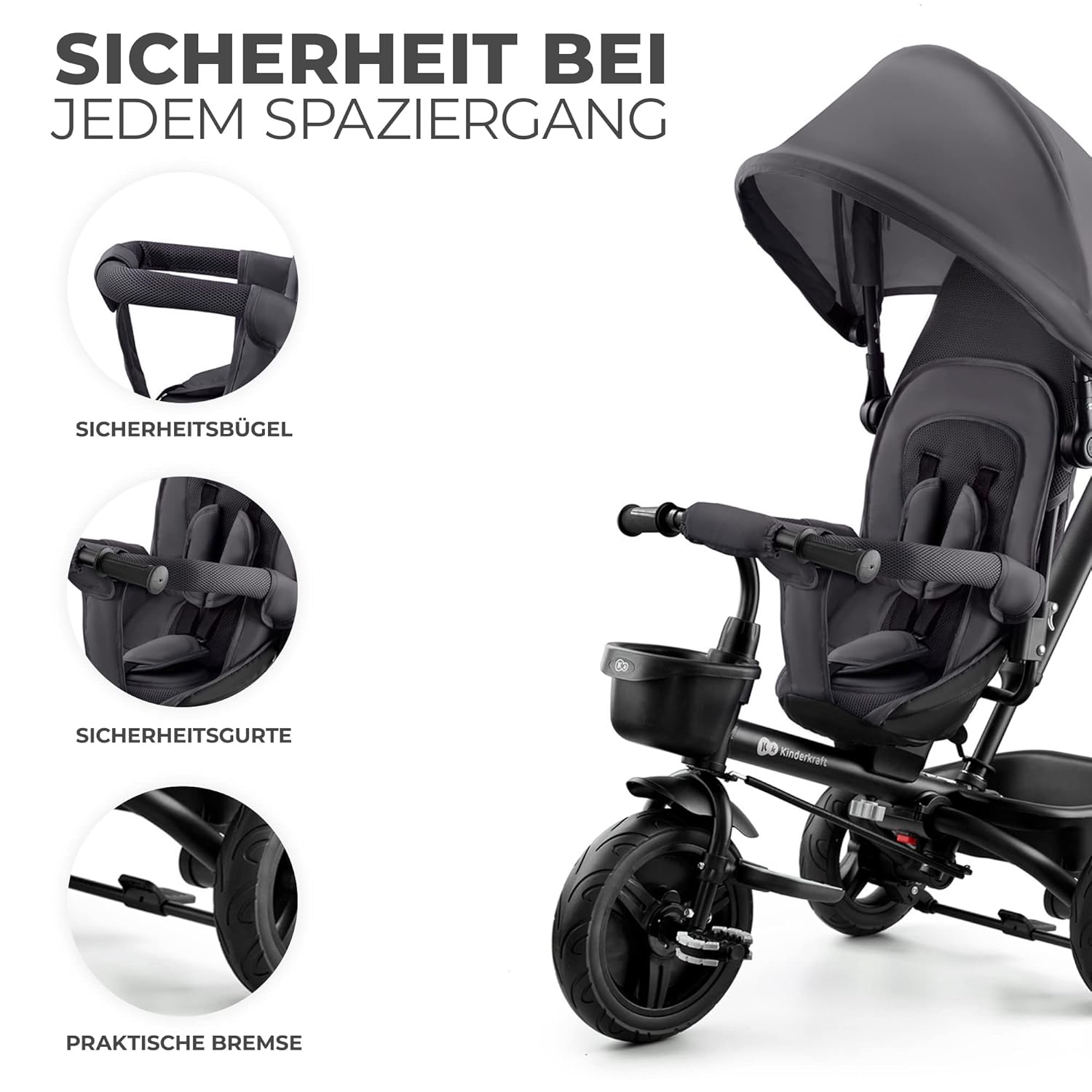 Kinderkraft AVEO Dreirad ab 9 Monate bis 25 kg, Kinderdreirad mit schubstange, Kompakte zusammenklappen, drehbarer Sitz, ausklappbarem Verdeck mit sonnenschutz, Getränkehalter korb im set, Rosa