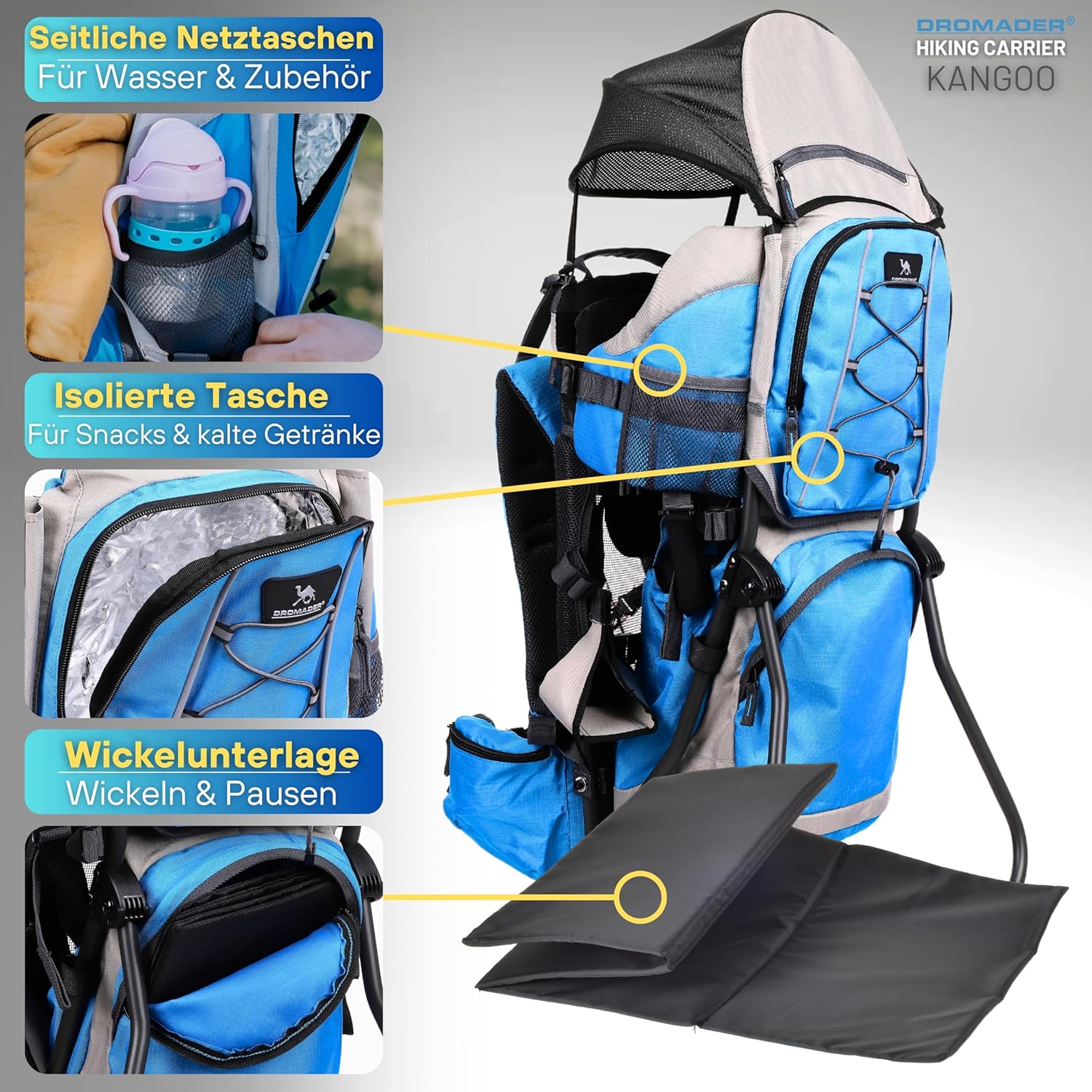 Dromader Kraxe Kindertrage bis 22kg – Kindertrage Wandern mit Sonnendach, Regenschutz, Thermotasche, Wickelmatte – Einhändig klappbare Rahmen – Blau