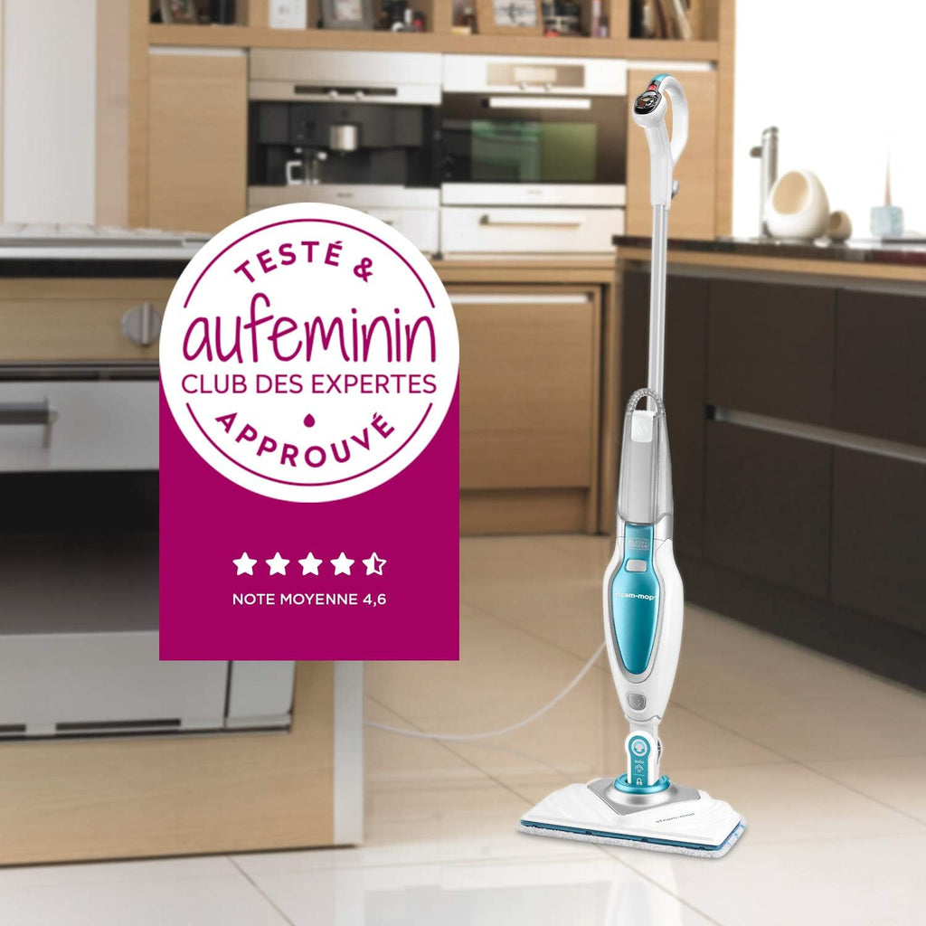 Black+Decker Pulitore a vapore Steam Mop Deluxe FSM1630 / Mop a vapore verticale per pavimenti duri sigillati/Pulizia dei pavimenti con panno in microfibra lavabile / Piede rimovibile ruotabile a 180° / 1600W
