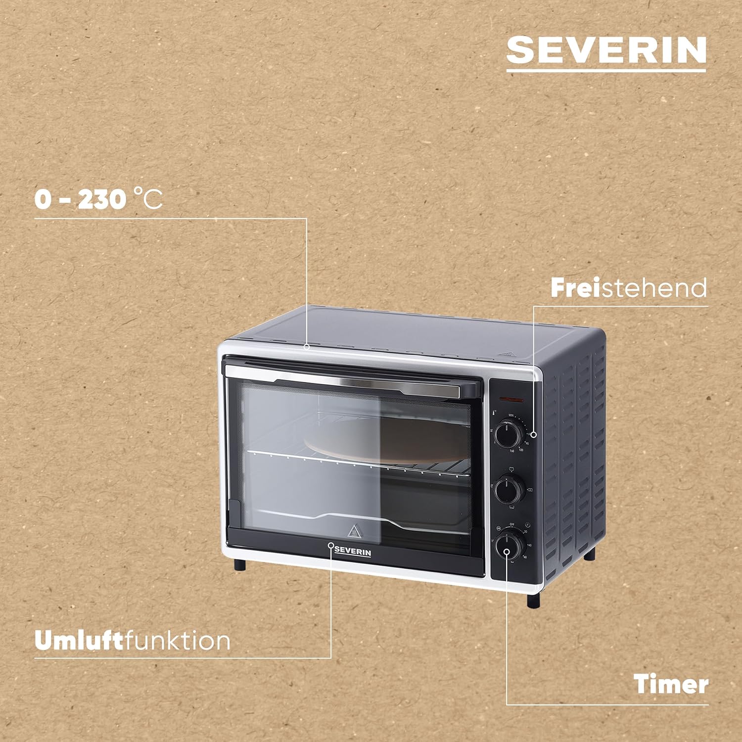 SEVERIN Forno e Tostapane con funzione ventilata, Mini Forno con griglia, teglia da forno, spiedo rotante e pietra per pizza, forno ventilato versatile con capacità di 42 L, 1.800 W, nero, TO 2058