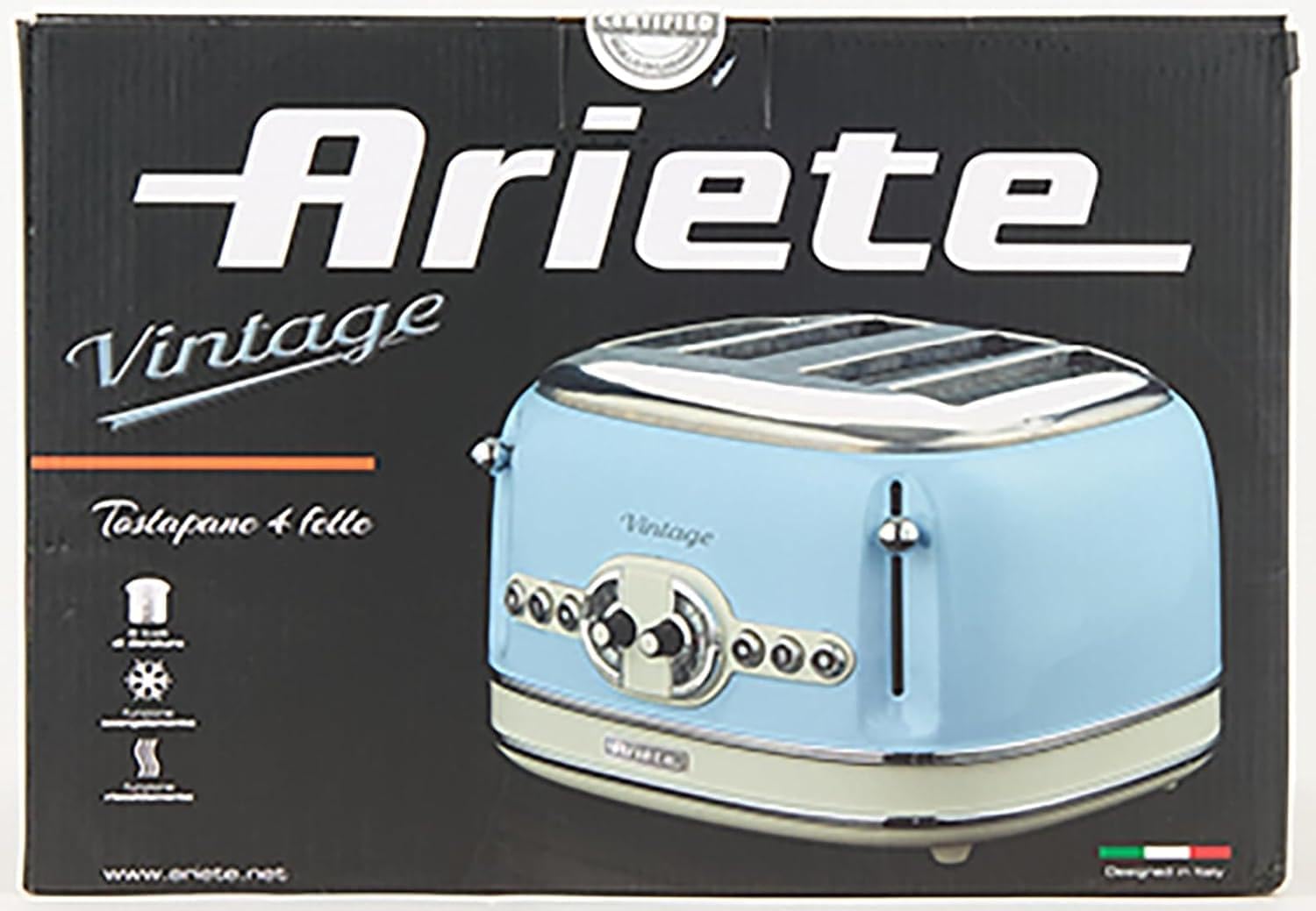 Ariete Vintage 156, 4-Scheiben-Toaster, Retro Toaster mit 6 Toaststufen, Automatischer Auswurf, Auftaufunktion, Herausnehmbares Krümelfach, Gehuse aus Edelstahl, 1600W, Beige