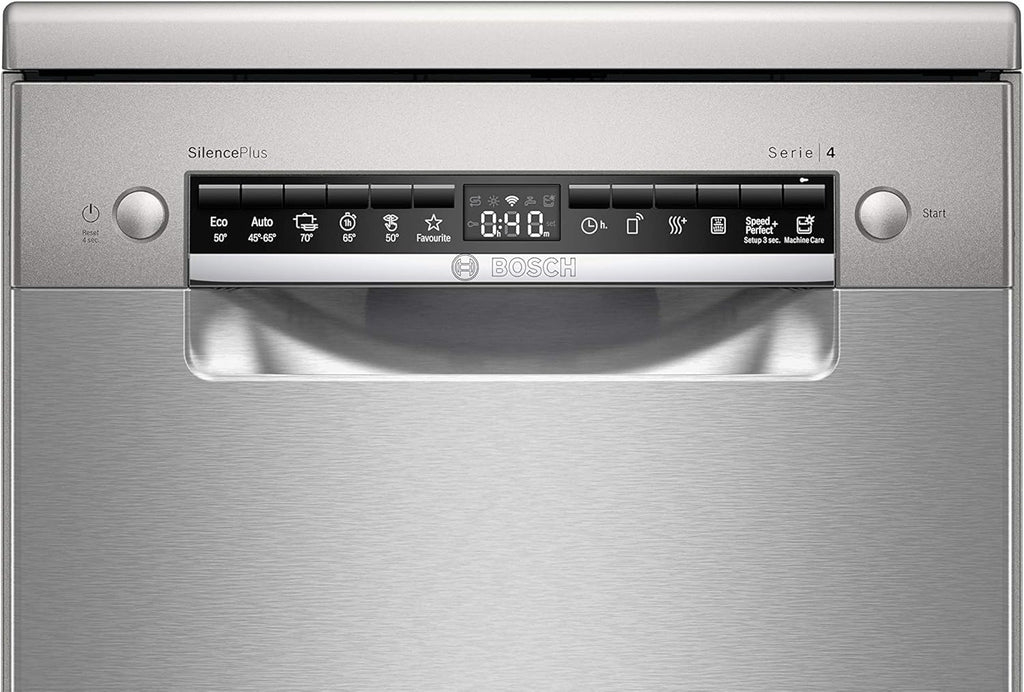 Bosch SPS4HMI61E Serie 4 Lavastoviglie a libera installazione / E / 45 cm / Acciaio inox / 76 kWh/100 cicli / 10 coperti / SuperSilence / Extra asciugatura / VarioCassetto / Home Connect