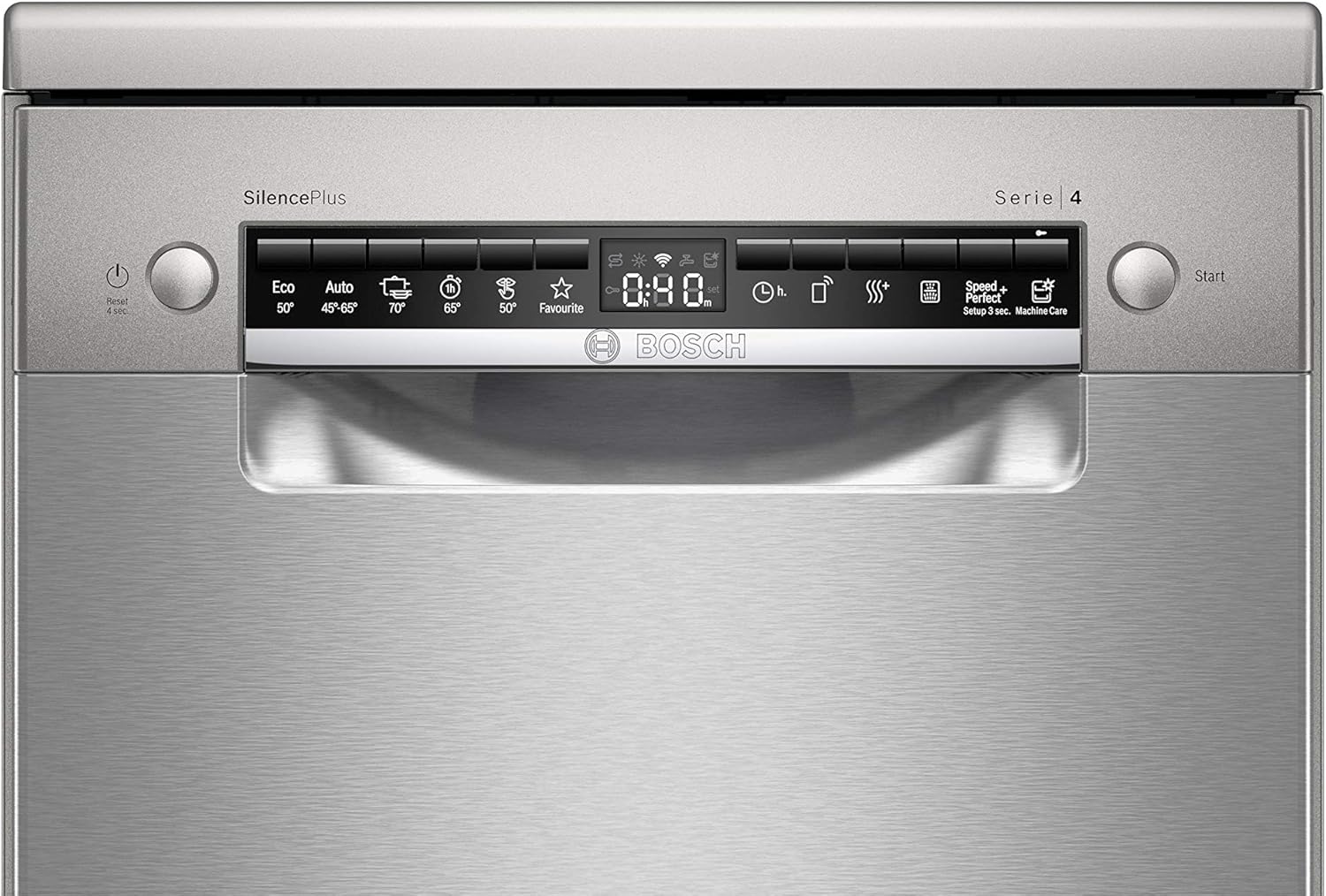 Bosch SPS4HMI61E Serie 4 Lavastoviglie a libera installazione / E / 45 cm / Acciaio inox / 76 kWh/100 cicli / 10 coperti / SuperSilence / Extra asciugatura / VarioCassetto / Home Connect