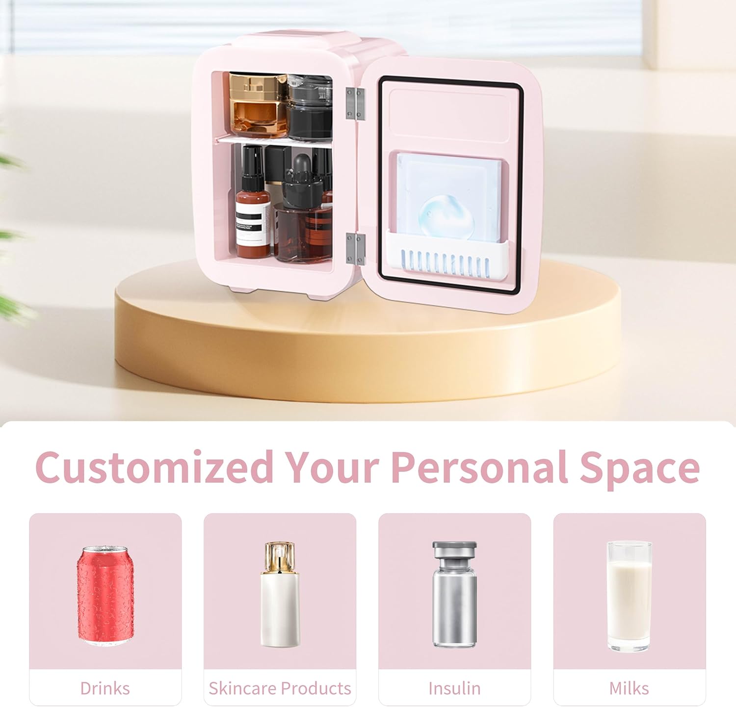 YASHE Mini Fridge, 4 Litre Mini Refrigerators for Cosmetics, Drinks, 220 V AC/12 V DC Thermoelectric Cooling and Heating, Small Fridge for Bedroom, Office, Dorm, Car (Pink)