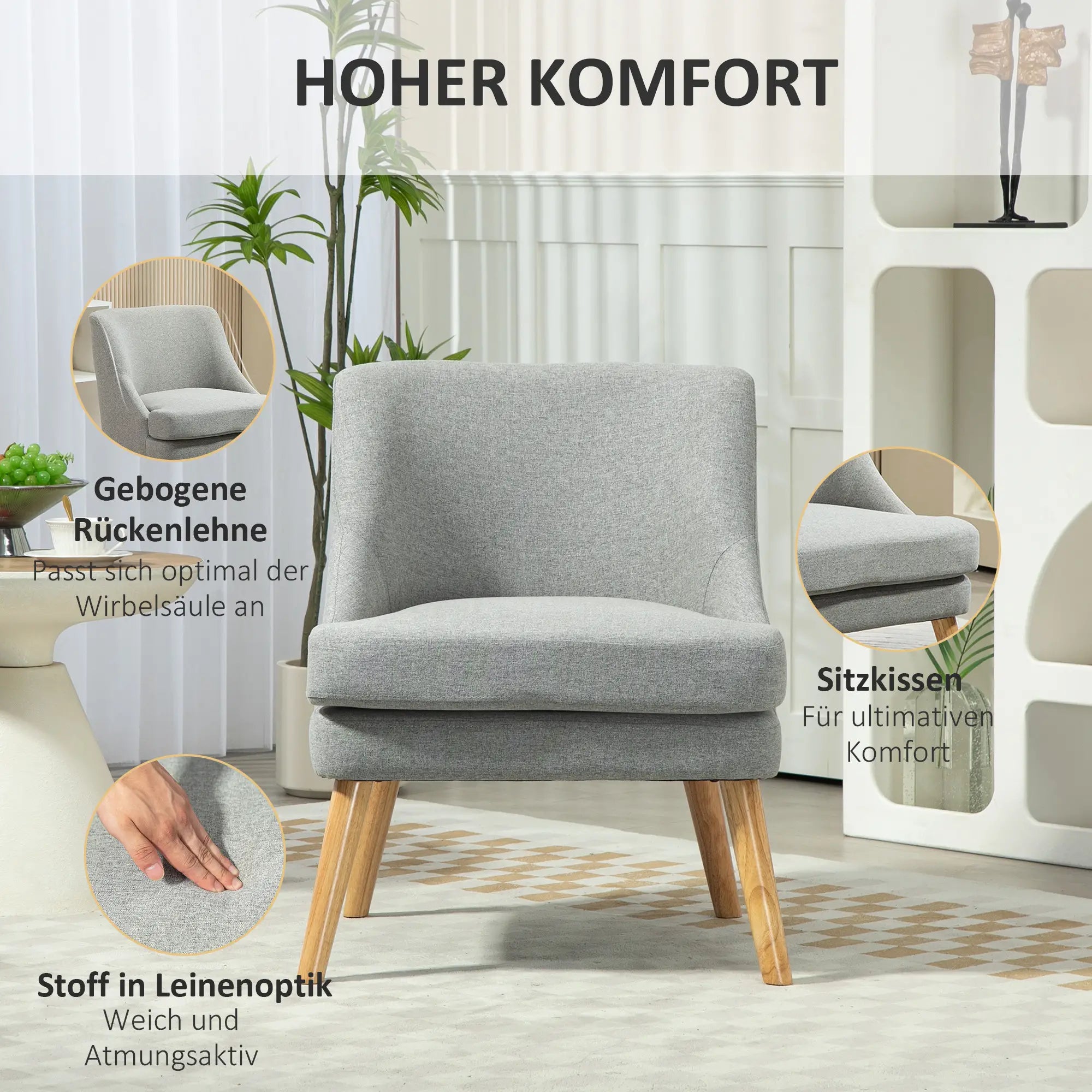 HOMCOM Sedia Imbottita Design Scandinavo Poltroncina Grigio Chiaro