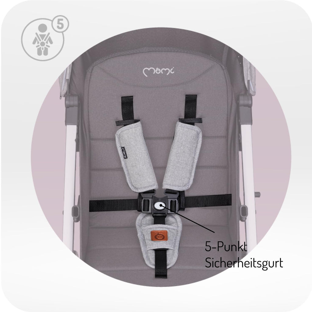 MOMI ESTELLE Kinderwagen für Kinder ab 6 Monat bis zu max körpergewicht von 15 kg, klappbar auf die Maße 65 x 51 x 21 cm, gewicht 7,5 kg, 5-Punkt-Sicherheitsgurt, koffer, grau-gold, Räder 6''/6,5''