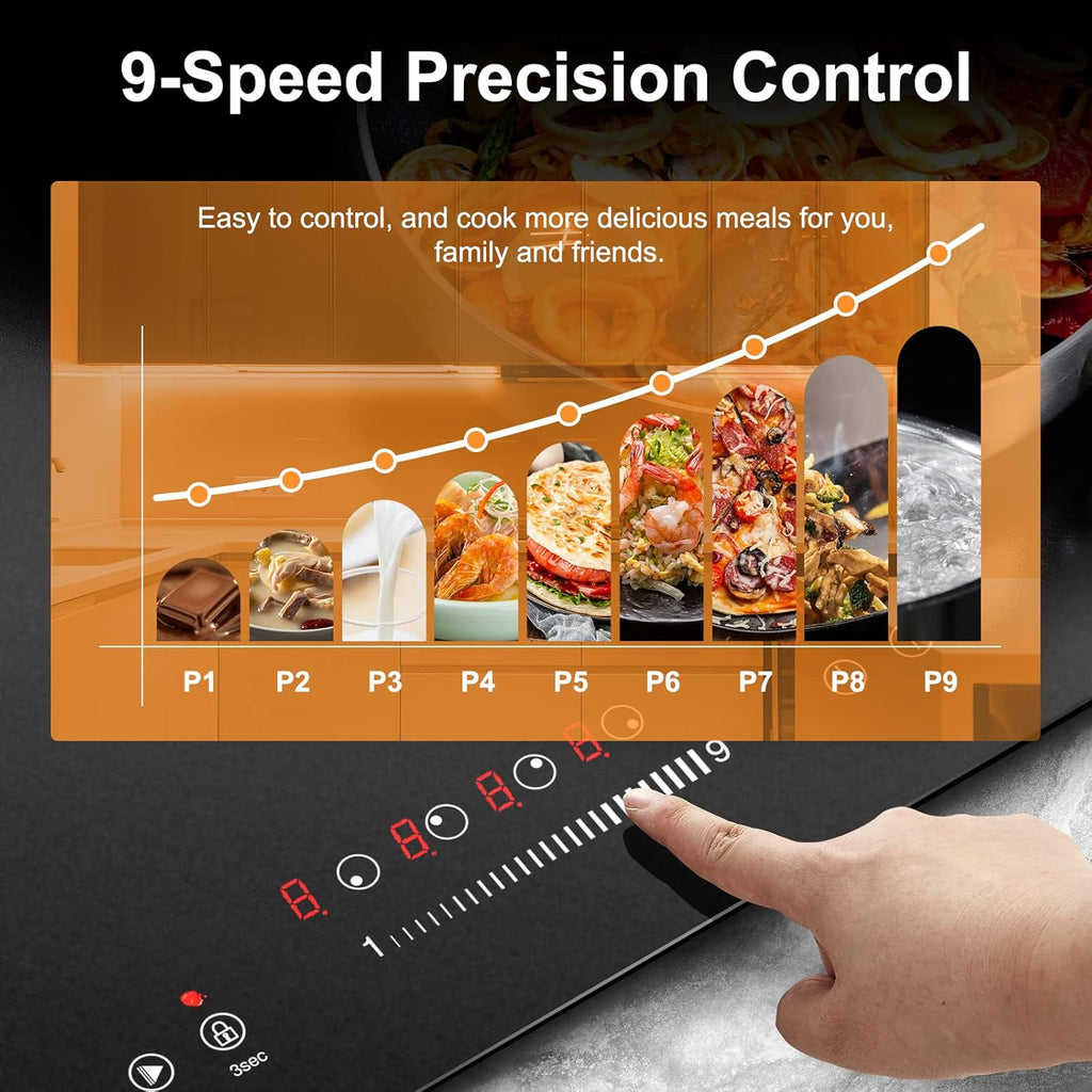AMZCHEF Induktionskochfeld 60cm mit Zwei Flexzonen, 4 Zonen Induktionskochplatte mit Boost-Funktion und 9 Leistungsstufen, Touch-Bedienung, Timer, Sicherheitsschloss, Überhitzungsschutz, BBQ, 7200W