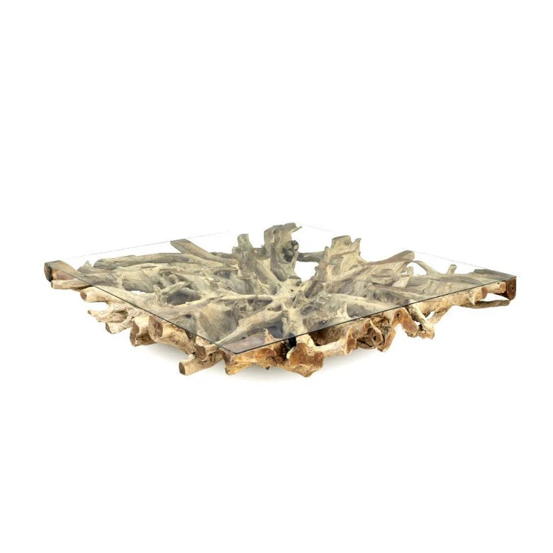 Tavolino da salotto in radice di legno NAGA 150cm x 150cm con piano in vetro
