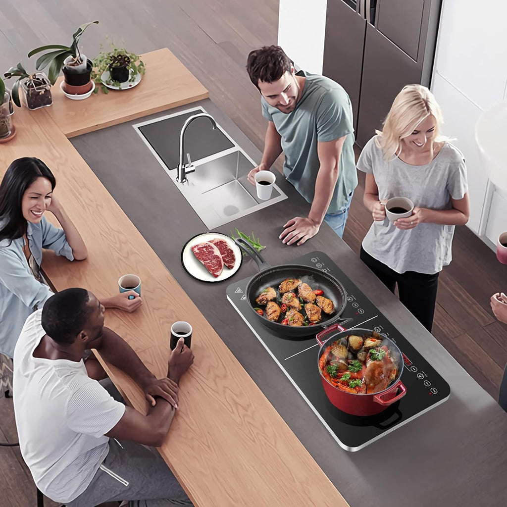 Piano Cottura a Induzione, Piano Cottura Doppio Portatile Aobosi con Funzione Scaldavivande, 10 Livelli di Temperatura e 6 Livelli di Potenza, Timer, Tasto Max e Min, 3500 Watt, Controllo Touch Sensor