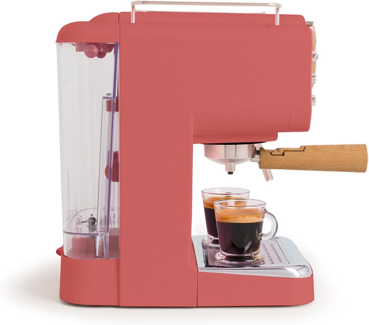 CREATE / THERA RETRO/Macchina da caffè espresso semiautomatica Rosa Pastello Opaco e Legno / Pompa a pressione 20bar, 1100W, Serbatoio acqua 1.25L, per caffè macinato, cialde ESE 55mm, con vaporizzatore, 1100W