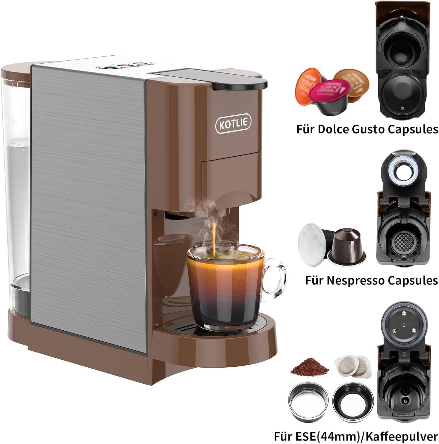 KOTLIE AC-513HF 5 in 1 Kaffeemaschine für NES/DG/a modo mio/Gemahlener Kaffee/ESE(44mm), Höhe für große Tassen (Schwarz)