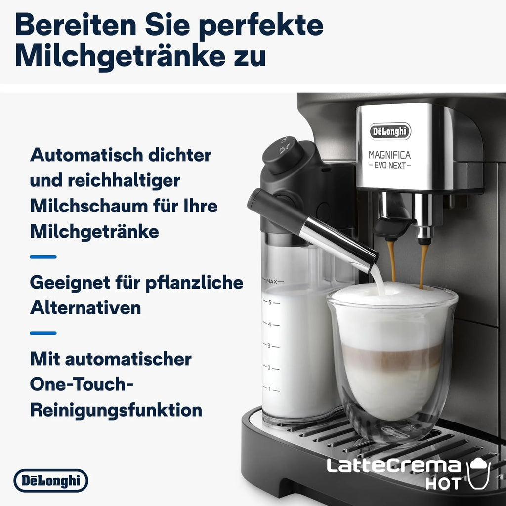 De'Longhi Magnifica Evo Next ECAM312.80.TB, Macchina automatica per caffè con 13 bevande (Cappuccino, Espresso, Latte Macchiato), Display a colori TFT da 2,4'', Sistema latte LatteCrema, Funzione 2 tazze, Titanio