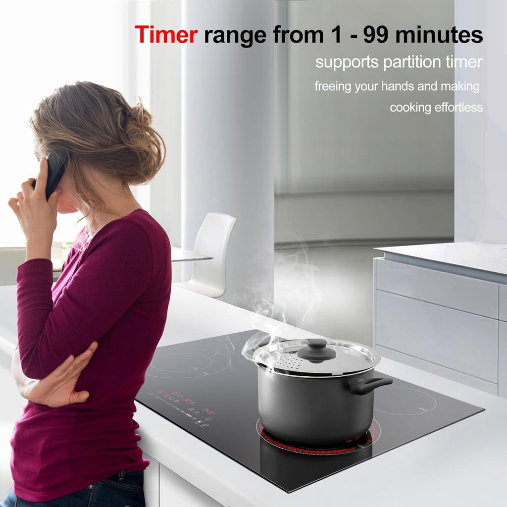 AMZCHEF Piano Cottura a Induzione 5 Zone, Incasso, con Funzione Booster e 9 Livelli, Funzione Pausa e Mantenimento in Caldo, Piano Cottura a Induzione con Controlli Slider, Timer Multifunzione, 7400W