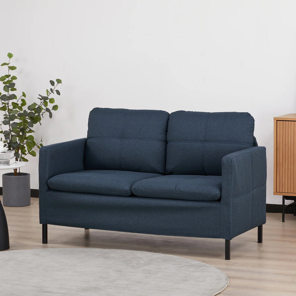 HOMCOM Divano a 2 Posti con Effetto Lino e Gambe in Acciaio, Blu Scuro
