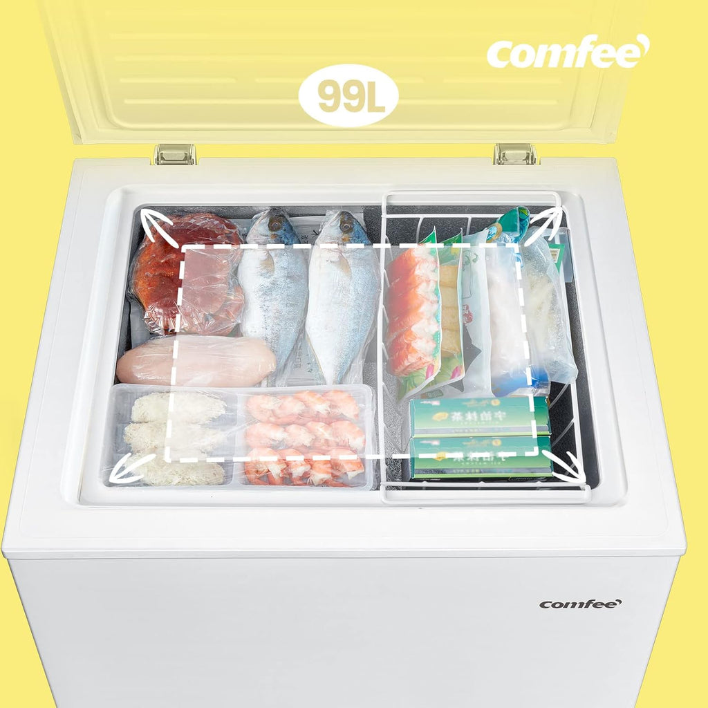 Comfee RCC100WH2(E) Congelatore a Pozzo/169 kWh/anno/85cm di altezza/99L/38dB/Bassa rumorosità/Tubo a D ad alta efficienza/Adatto a diversi scenari d'uso/Termostato regolabile/Bianco