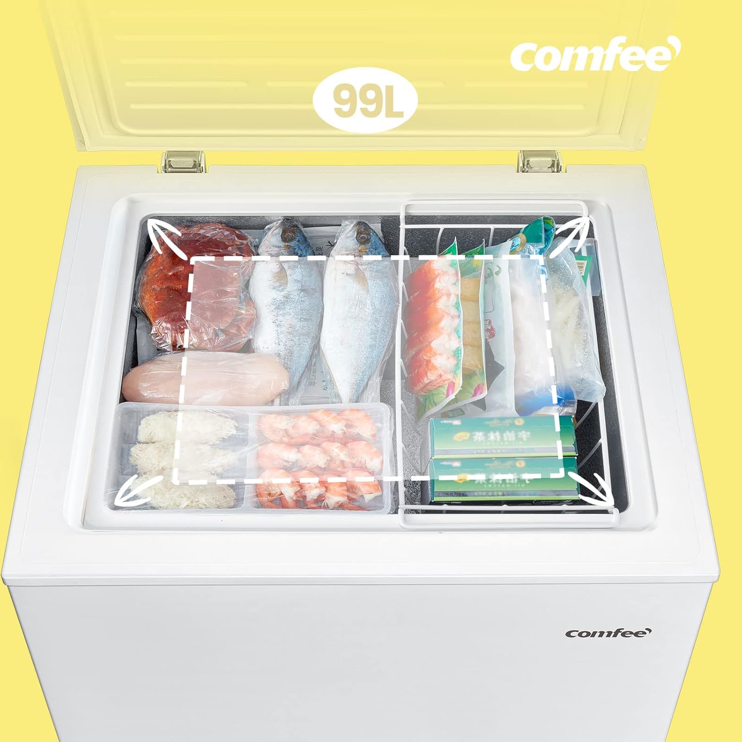 Comfee RCC100WH2(E) Congelatore a Pozzo/169 kWh/anno/85cm di altezza/99L/38dB/Bassa rumorosità/Tubo a D ad alta efficienza/Adatto a diversi scenari d'uso/Termostato regolabile/Bianco