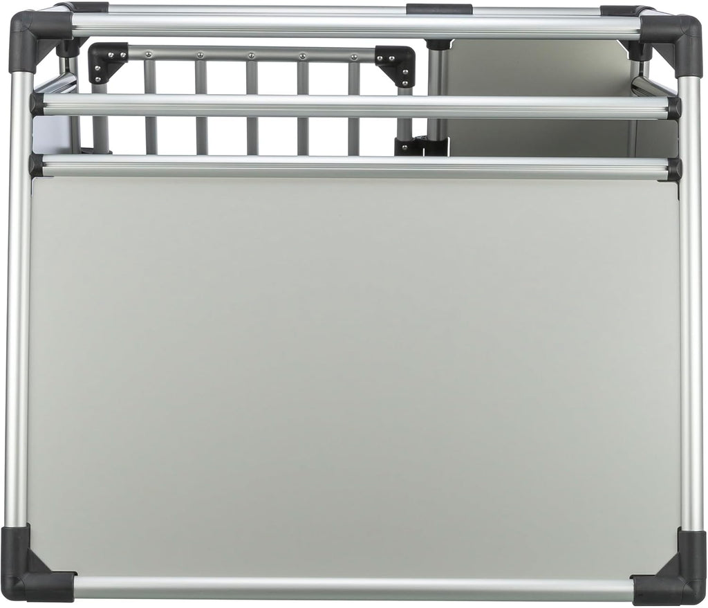 TRIXIE Hunde-Transportbox Aluminium in silber – M: 55 × 62 × 73 cm, stabile und geräuscharme Hundebox mit abgeschrägten Seiten, Sicherheitsverschluss & rutschfester Liegematte – 39342