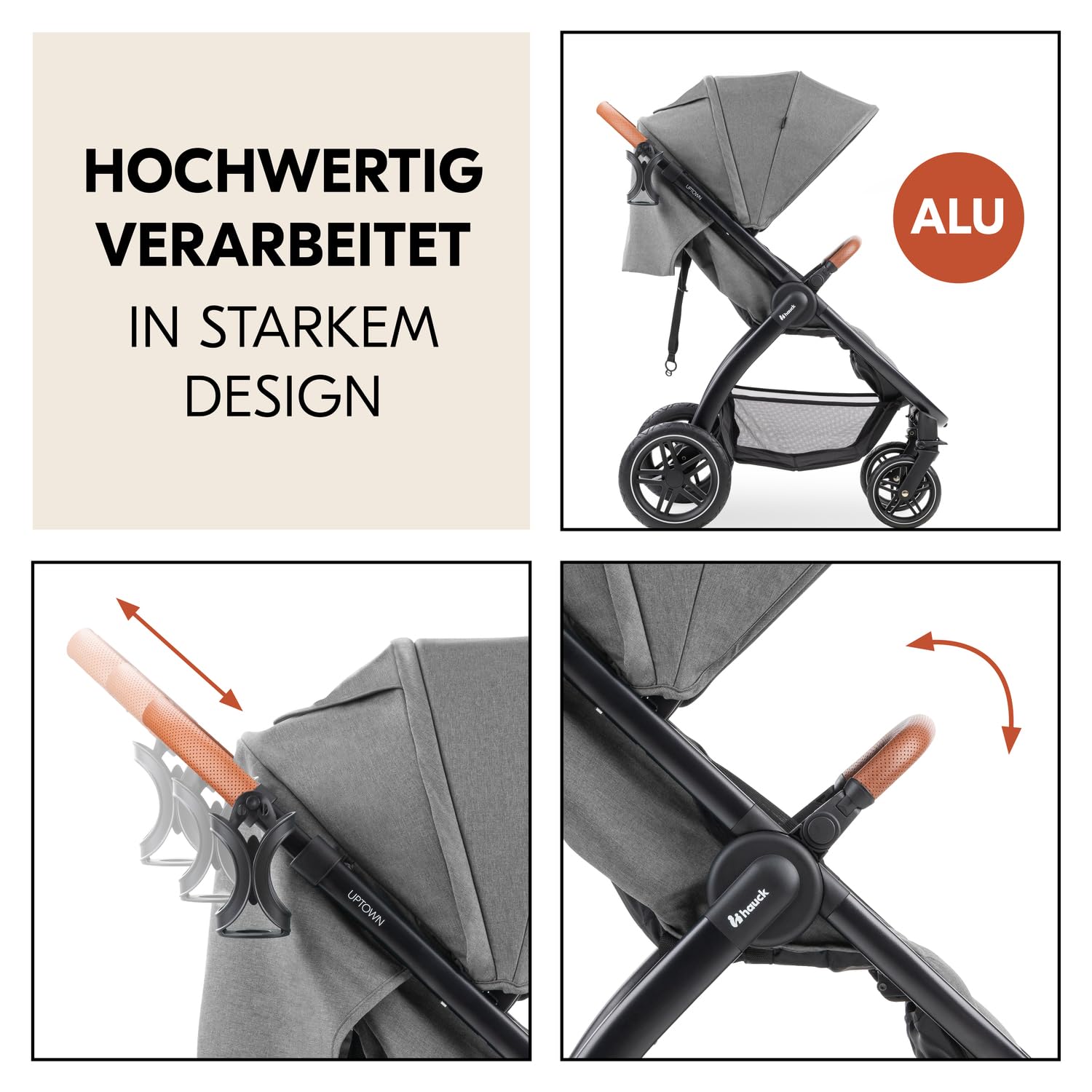 Hauck Uptown Passeggino Melange Rose – Passeggino per ogni terreno, seduta extra large, posizione nanna, ruote in gomma, sospensioni, compatto e facile da piegare, con parapioggia