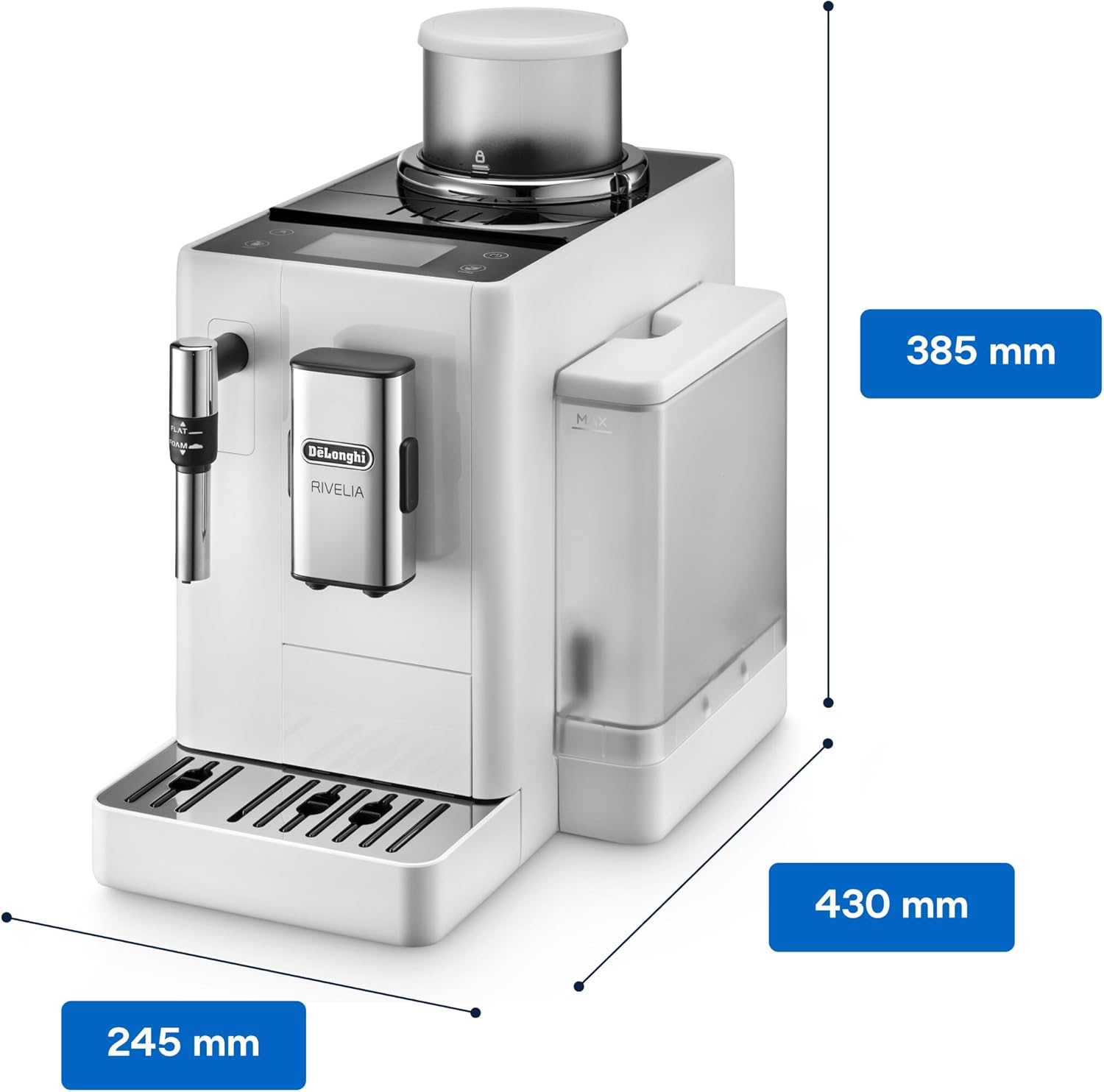 De'Longhi Rivelia EXAM440.35.BG Macchina da caffè automatica con lancia vapore, contenitore chicchi intercambiabile, 8 bevande a base di caffè one-touch, funzione Extra Shot, display touch da 3,5 pollici, Beige