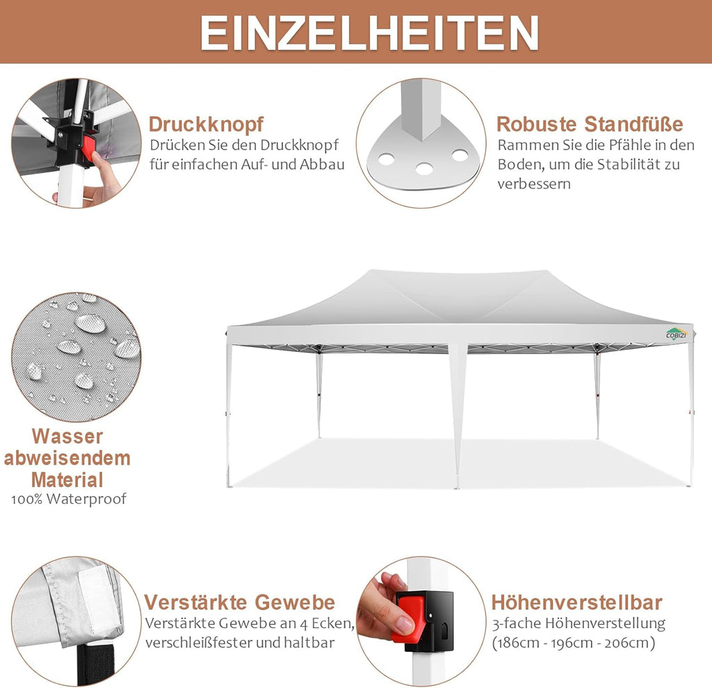 COBIZI Gazebo 3x6 Pieghevole Impermeabile Stabile con 6 Pareti Laterali a Cono Tenda per Feste 3 Altezze Regolabili Protezione UV Borsa per il Trasporto Picchetti, Corde per Giardino, Matrimoni, Mercati, Eventi all'Aperto