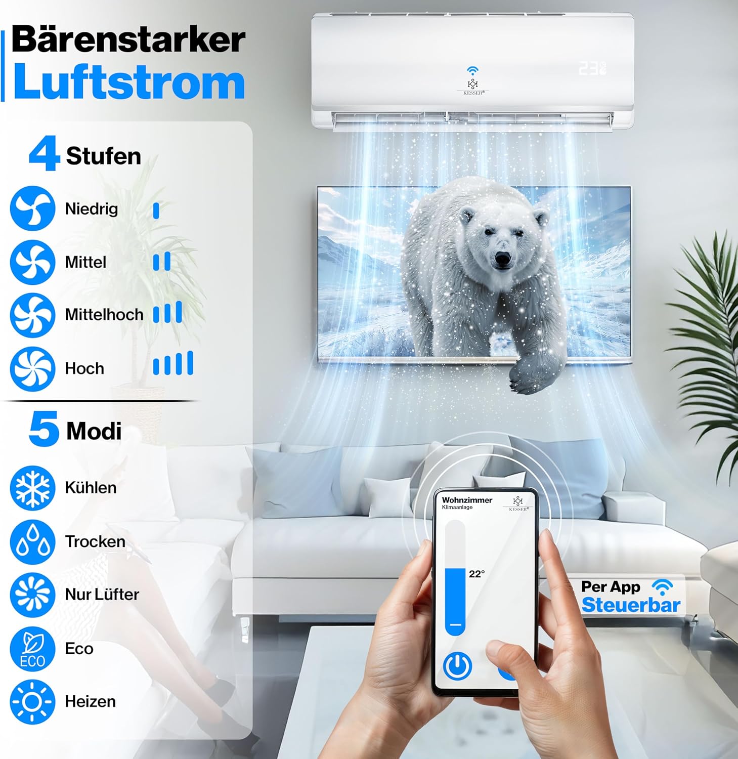 KESSER® Condizionatore Split - con funzione WiFi/App - Raffreddamento A++/Riscaldamento A+ - 9000 BTU/h (2.600 Watt) Refrigerante R32 - Telecomando, funzione timer - Kit di montaggio completo incluso