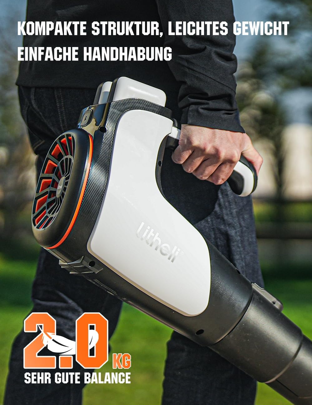 Soffiatore per foglie a batteria Litheli, soffiatore per foglie brushless con turbocompressore, velocità dell'aria 180 km/h - portata d'aria 15,85 m³/min, con batteria, adatto per la cura del giardino, la cura del prato e lo sgombero della neve.
