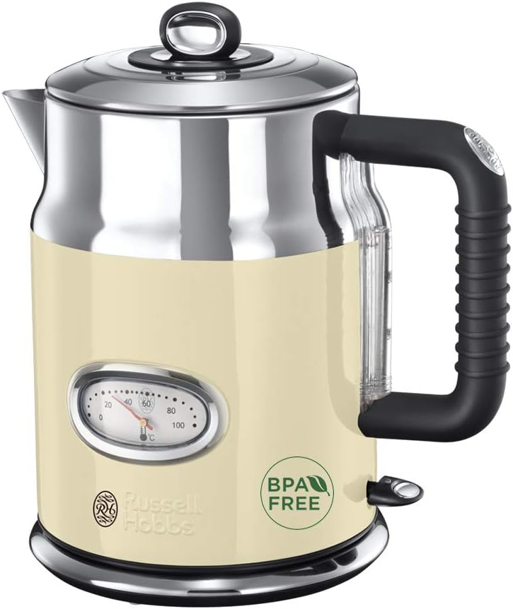 Russell Hobbs Toaster [für 2 Scheiben] Retro Edelstahl Creme (Countdown-Anzeige im Retrodesign, inkl. Brtchenaufsatz, 6 Brunungsstufen + Auftau- & Aufwrmfunktion, 1300W) Vintage 21682-56