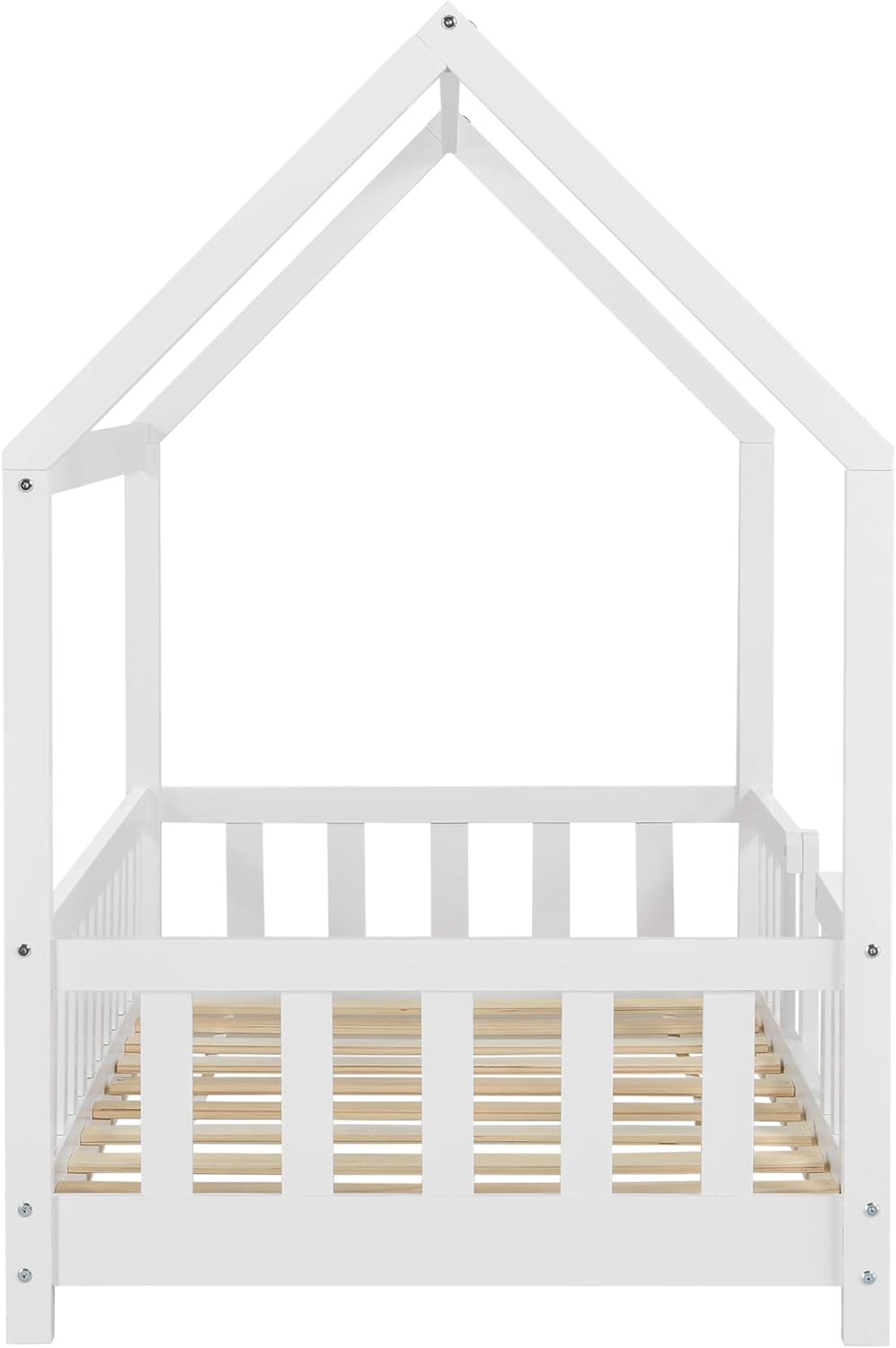 [en.casa] Letto per bambini Sisimiut a capanna 80 x 160 cm con protezione anticaduta letto in legno per bambini letto a terra rete a doghe in legno di pino Bianco opaco