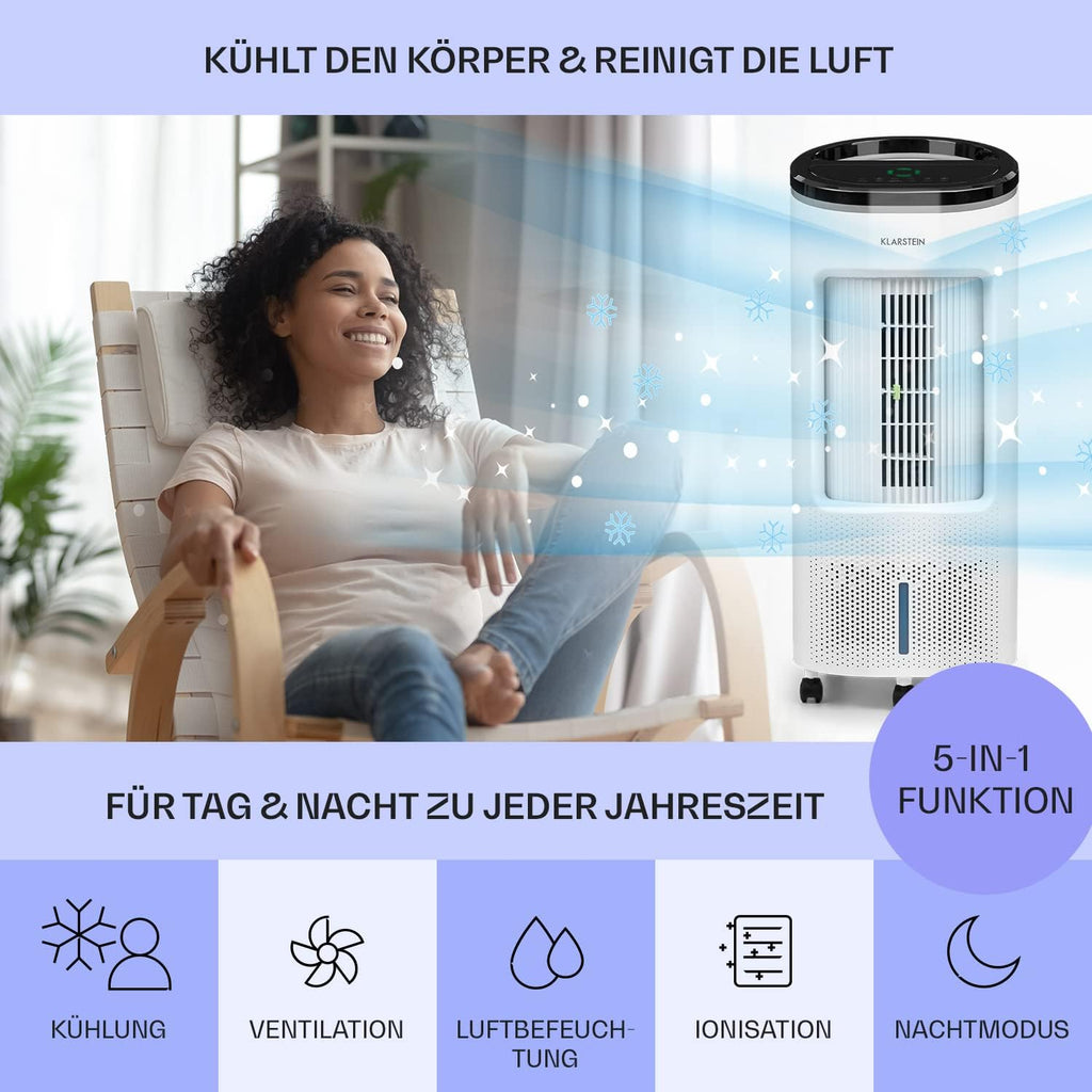 Klarstein Raffreddatore d'aria con Raffreddamento ad acqua, Raffrescatore Evaporativo Silenzioso 4-in-1, Umidificatore, Ventilatore e Modalità Notte, Raffrescatore Evaporativo Portatile 7L, 65W Air Cooler, Flusso d'aria di 330m³/h