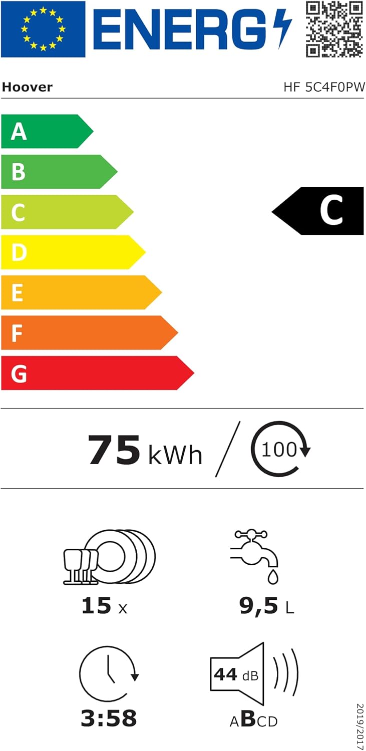 Lavastoviglie Hoover HF 4C6F0PW; 14 coperti; Libera installazione, 60 cm di larghezza; Classe di efficienza energetica C; Controllo intelligente con tecnologia WiFi + Bluetooth
